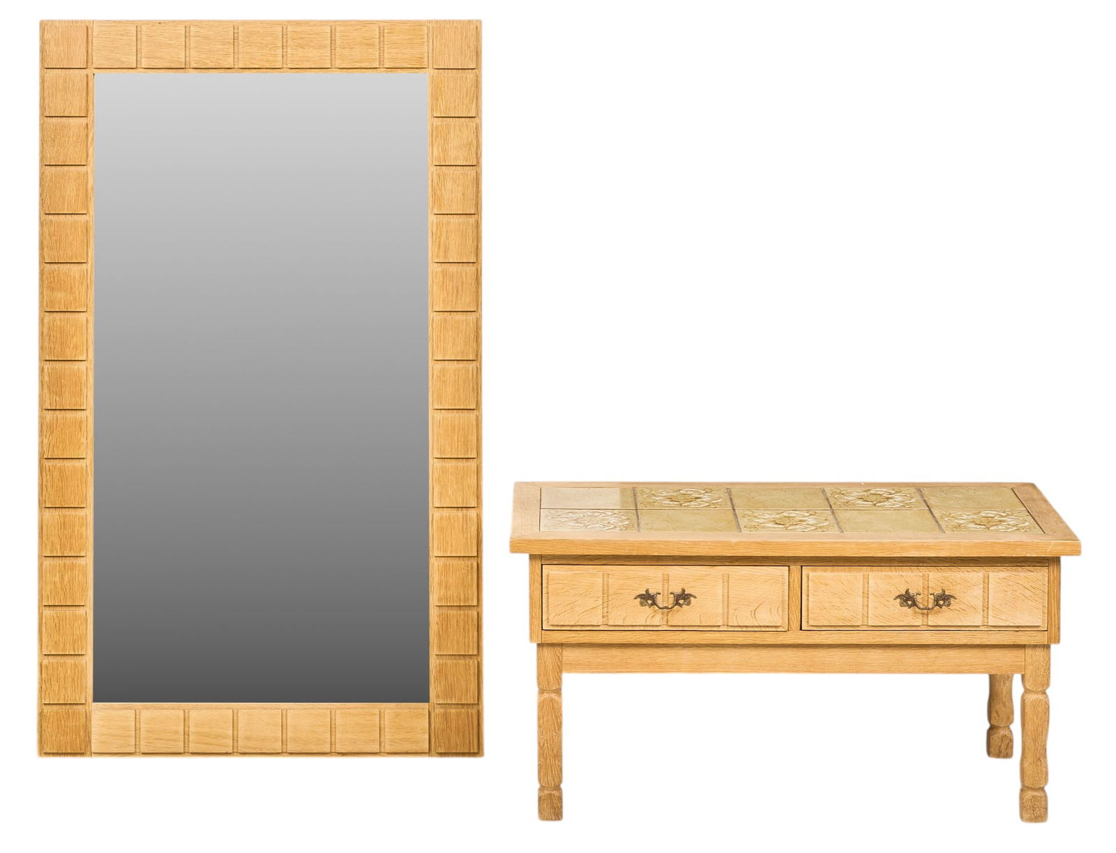 Danish Mid-Century Mirror and Console: Danish mid-century mirror and tile-inlaid console table with two drawersheight 18 in. x width 33.5 in. x depth 15.5 in. / consoleheight 48 in. x width 29 in. / mirror 