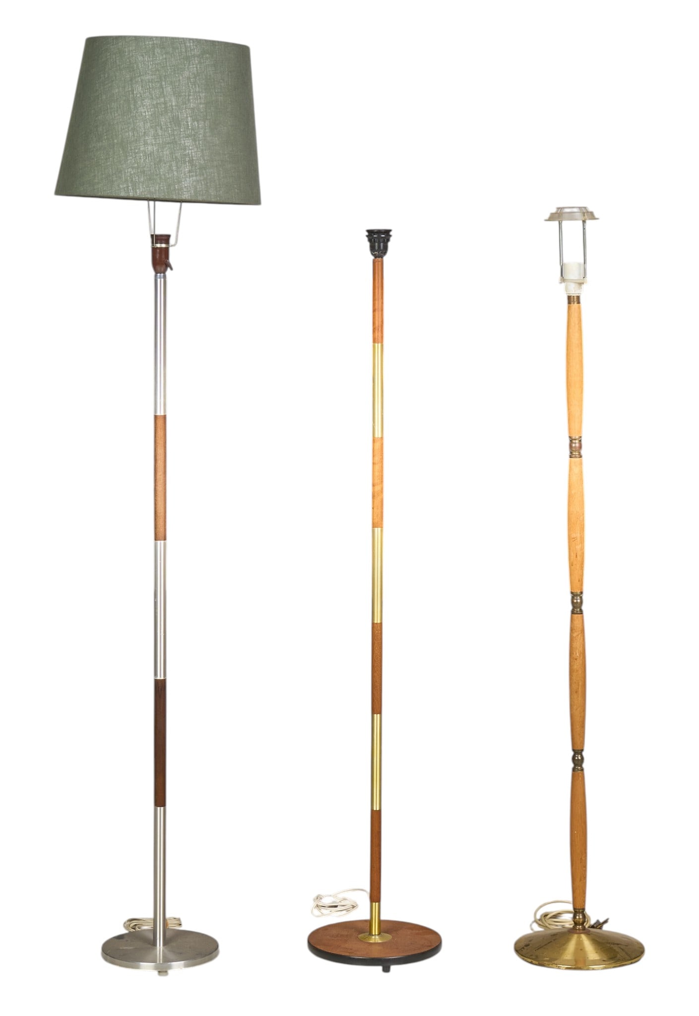 (3) Mid-Century Floor Lamps: Collection of three Danish mid-century floor lamps, each with metal and wooden stems, on circular basesheight 59.5 in. x diameter 8.5 in. / tallest