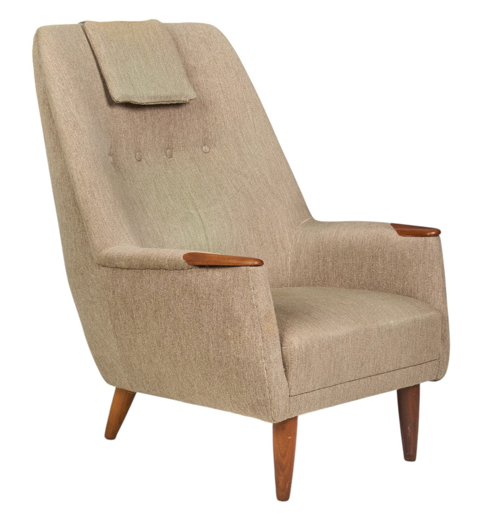 Danish Mid-Century High-Back Armchair: Danish mid-century high-back chair with gray upholstery, and hanging pillow with weight, supported on splayed pin legsheight 37 in. x width 31 in. x depth 29 in. 