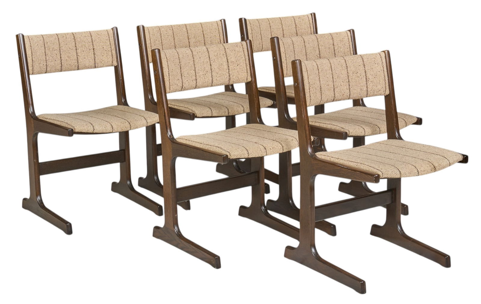 Set of (6) Farstrup Mid-Century Dining Chairs: Set of six Farstrup (Denmark) dining chairs with dark wooden frames, and upholstered seats, marked with sticker label underneathheight 30 in. x width 19 in. x depth 19 in. / each