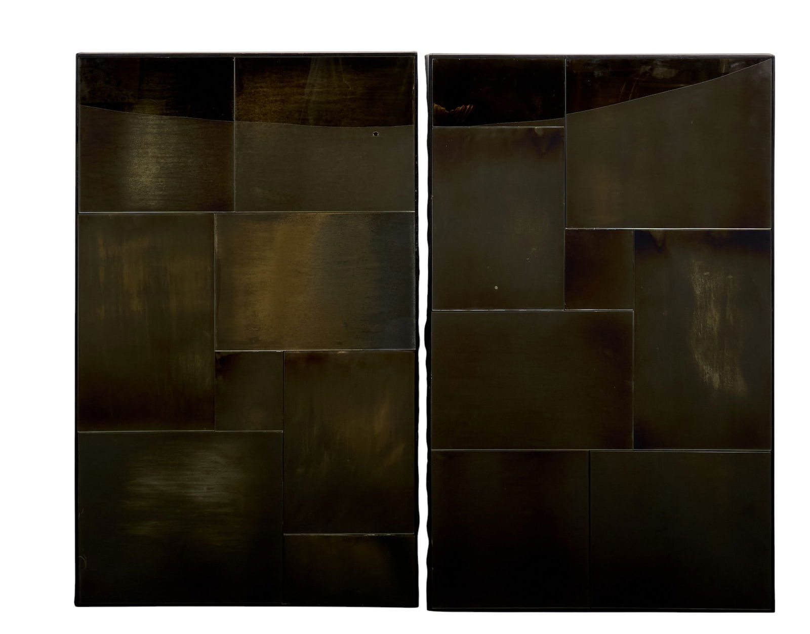 Contemporary Brass Tile Framings: Pair of modern wall hangings featuring polished brass tilesheight 44.5 in. x width 27.5 in. x depth 1.5 in. / each Provenance: Property from a home in San Antonio, Texas 