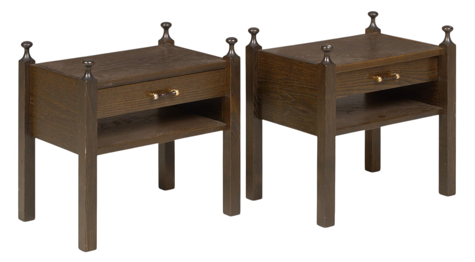 Pair of Danish Mid-Century Nightstands: Pair of Danish mid-century nightstands, each with dark frame, and single drawer, supported on block legsheight 18 in. x width 18.5 in. x depth 13 in. / each 