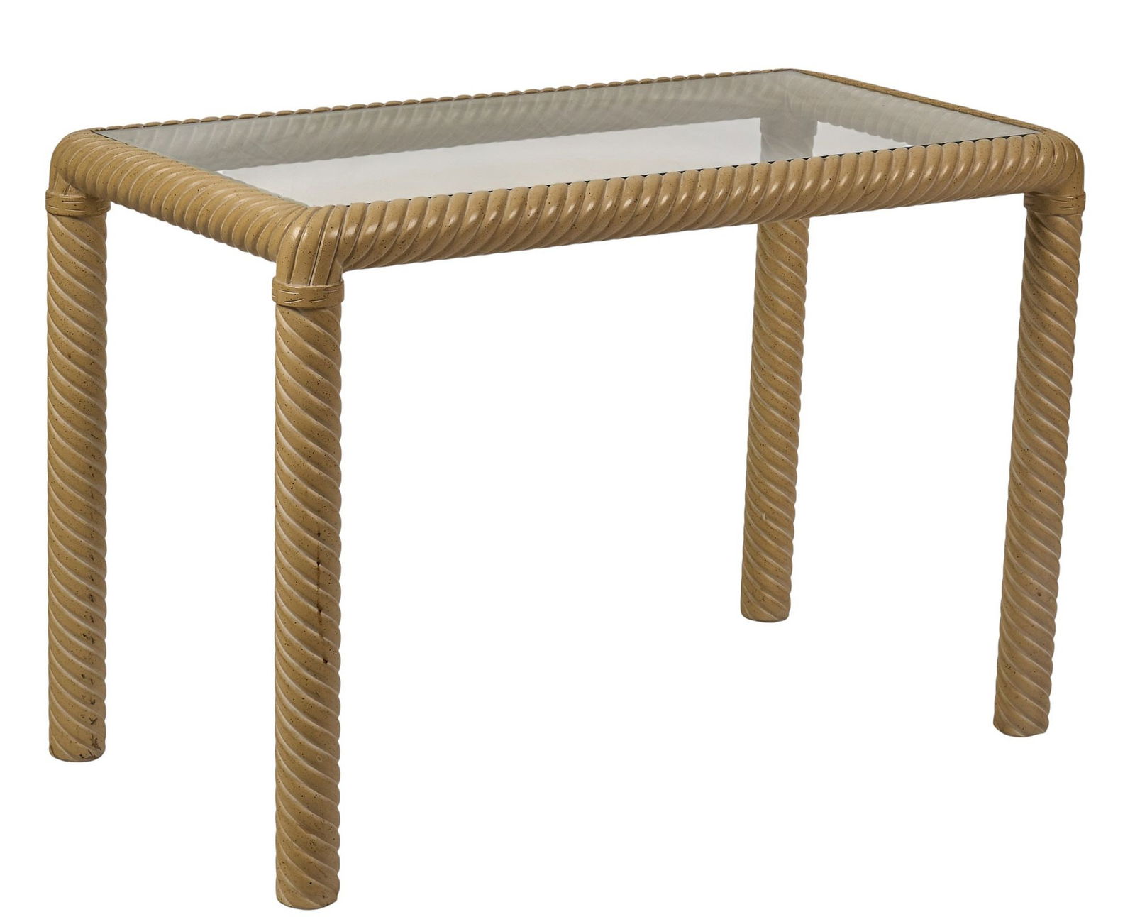 Glass Top Entry Table: Entry table with glass top surface and twisted wooden frame height 28 in. x width 41 in. x depth 22 in.