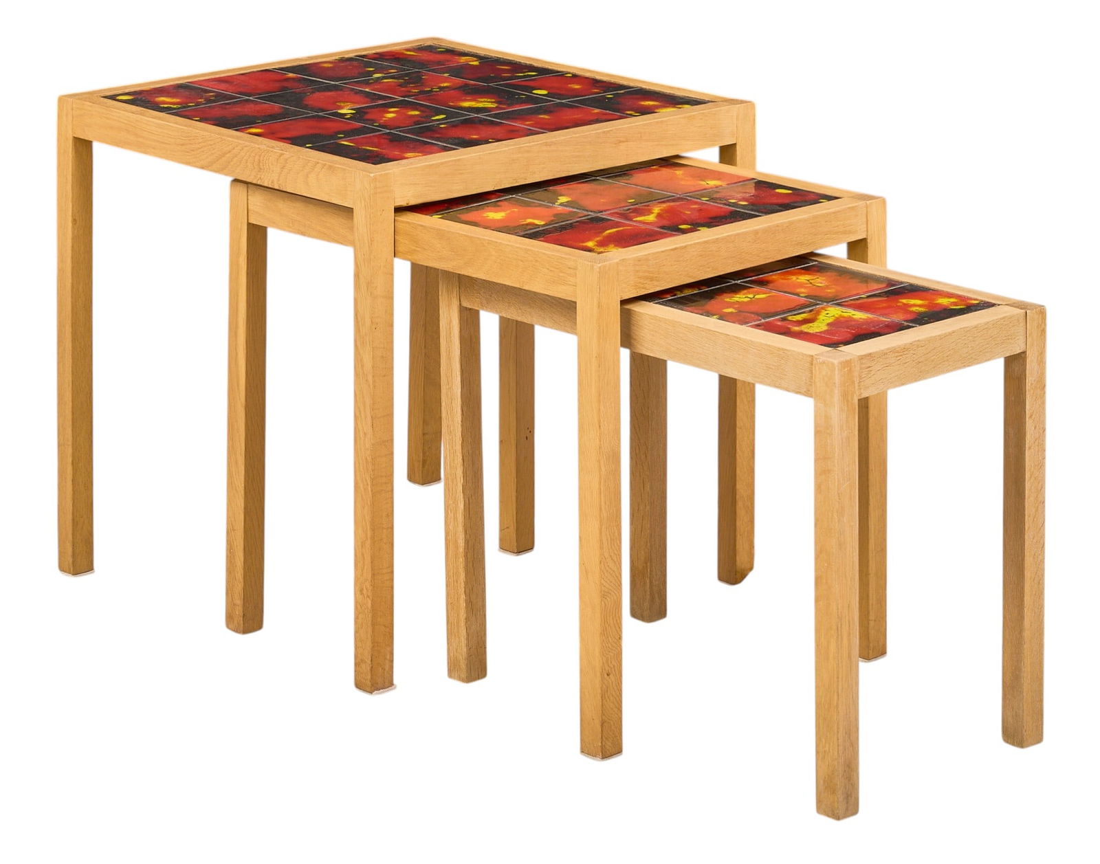 Set of (3) Danish Mid-Century Nesting Tables: Set of three Danish mid-century nesting side tables with tile inlay, supported on block legs height 19 in. x width 20 in. x depth 20 in. / largest