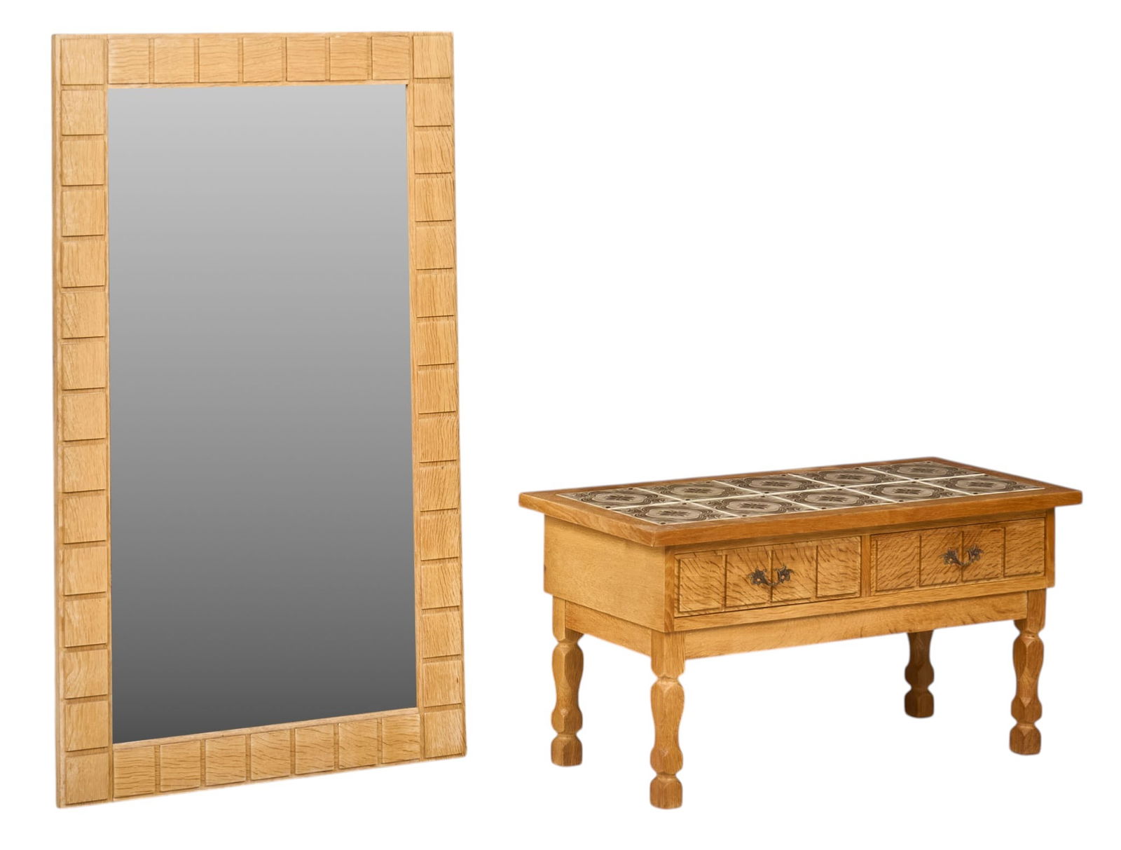 Danish Mid-Century Mirror and Console: Danish mid-century mirror and console set, with table featuring ceramic tile inlay and two drawers, on sculpted legs height 47.5 in. x width 28.5 in. / mirror height 17.5 in. x width 34.5 in. x depth