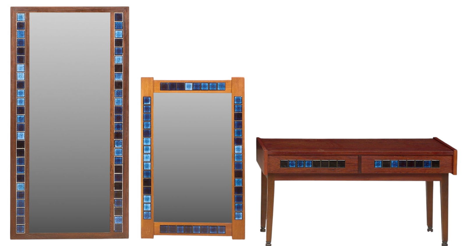 (2) Danish Mid-Century Mirrors: Two Danish mid-century wall mirrors with blue ceramic tile inlay to frames height 45.5 in. x width 23 in. / largest console: 18 in. x 36 in. x depth 13 in.
