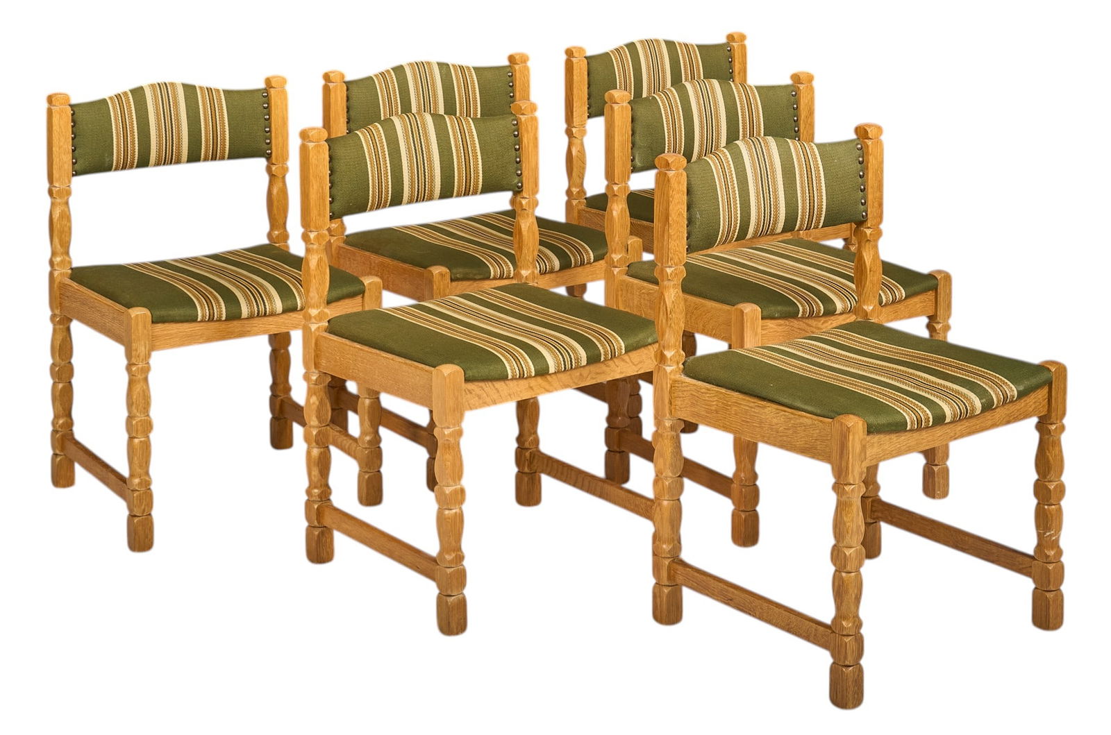 Set of (6) Henning Kjaernulf Mid-Century Dining Chairs: Set of six Henning Kjaernulf (Denmark) oak dining chairs with sculpted frames, and striped upholstery with iron nailhead trim height 30 in. x width 19 in x depth 19 in. / each