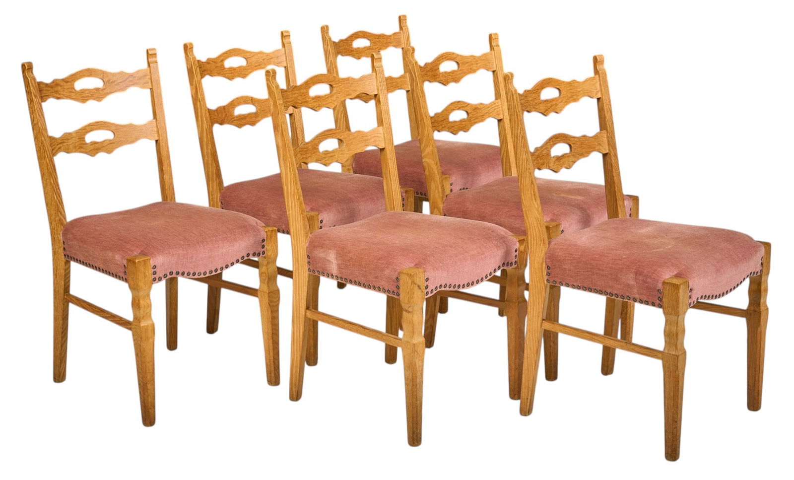 Set of (6) Henning Kjaernulf Mid-Century Dining Chairs: Set of six Henning Kjaernulf (Denmark) mid-century oak dining chairs with pierced ladder backs, and cushioned seat clad in striped fabric upholstery, supported on turned block legs height 35 in. x wid