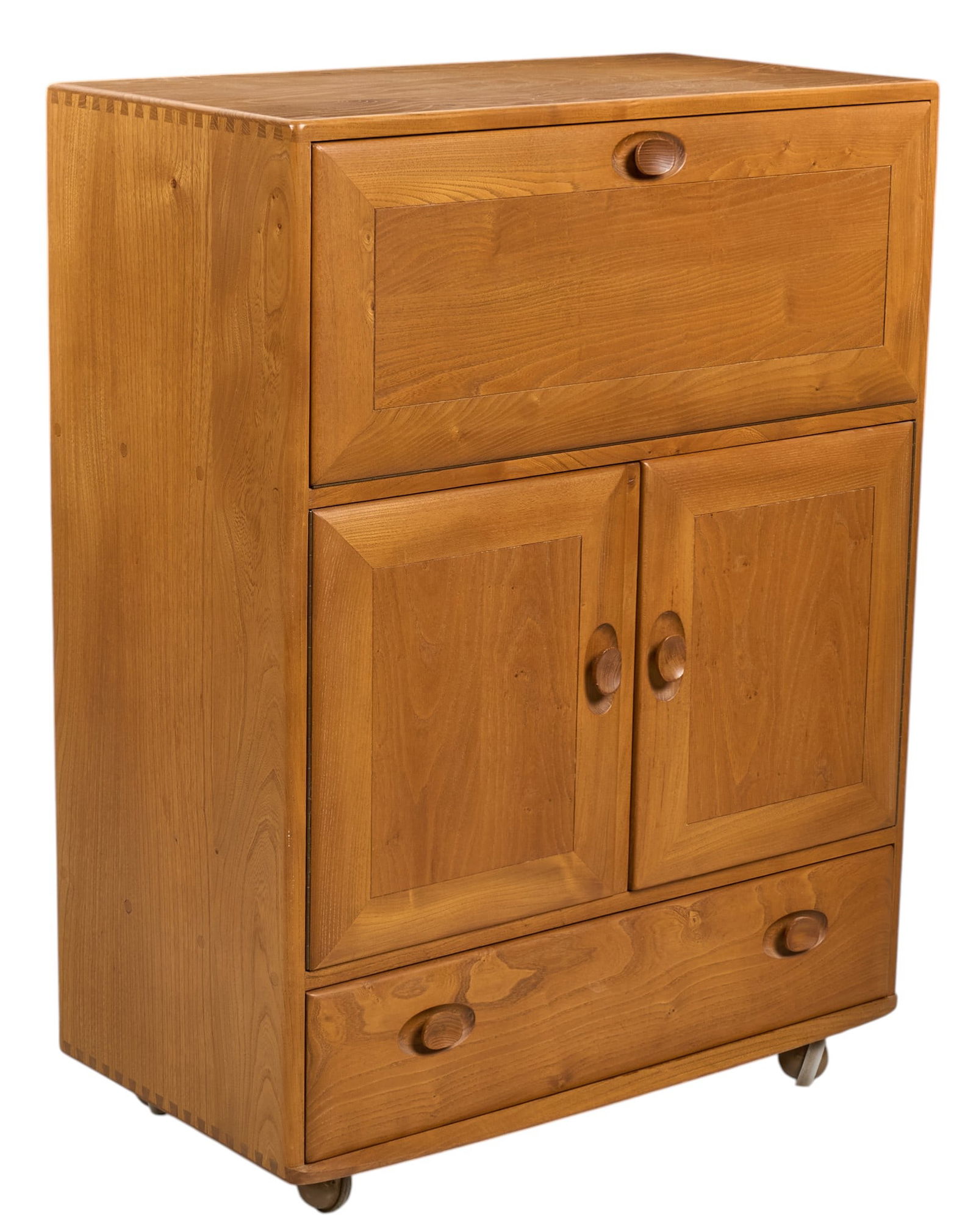 Ercol English Mid-Century Serving Cabinet: Ercol (England) mid-century elm wood serving cabient with drop-door cabinet above lower pair of doors, and single drawer, marked with Ercol sticker, circa 1950-1960sheight 43 in. x width 32.5
