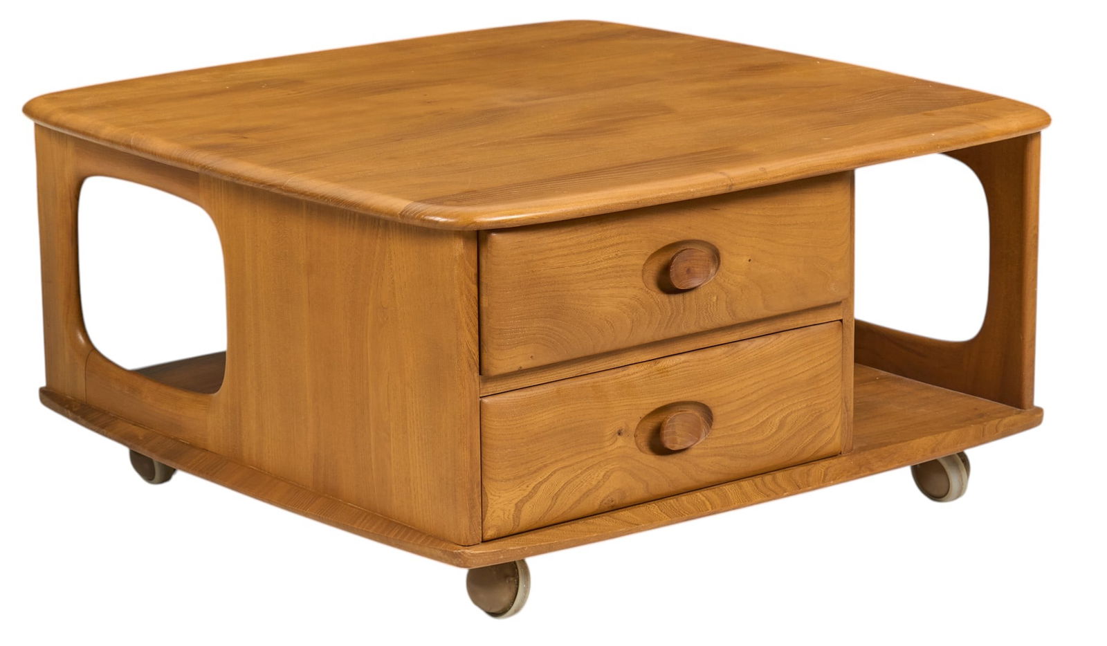 Ercol English Mid-Century Pandora's Box: Ercol (England) mid-century elm wood pandora's box coffee table with two drawers, supported on wheels, circa 1950s-1960sheight 15.5 in. x width 19.5 in. x depth 19.5 in. Provenance: