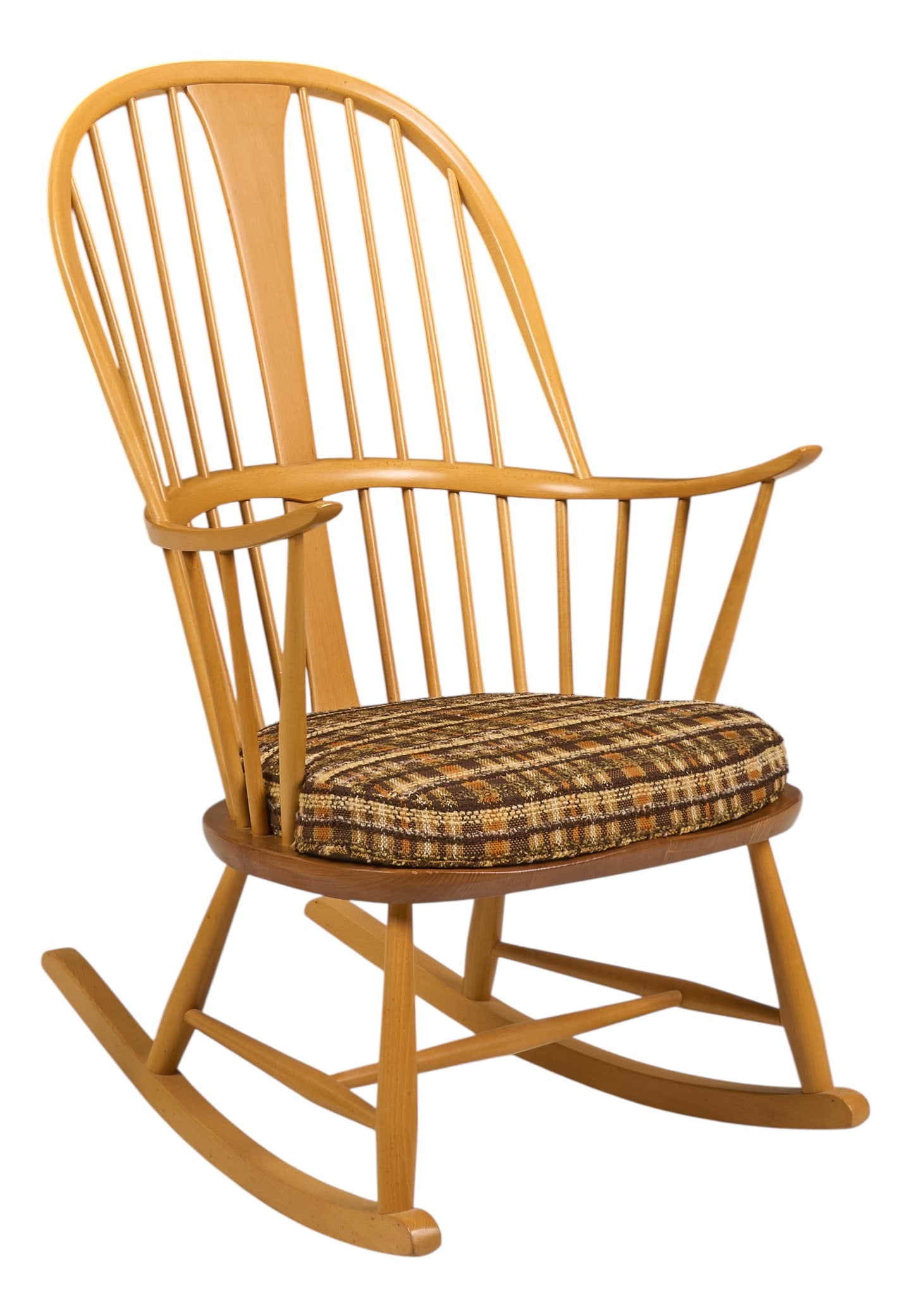 Ercol English Mid-Century Double Bow Rocking Chair: Ercol (England) mid-century double bow rocking chair with spindleback, curved arms, and removable cushion, circa 1950s-1960s height 40.5 in. x width 23.5 in. x depth 30 in. Provenance: