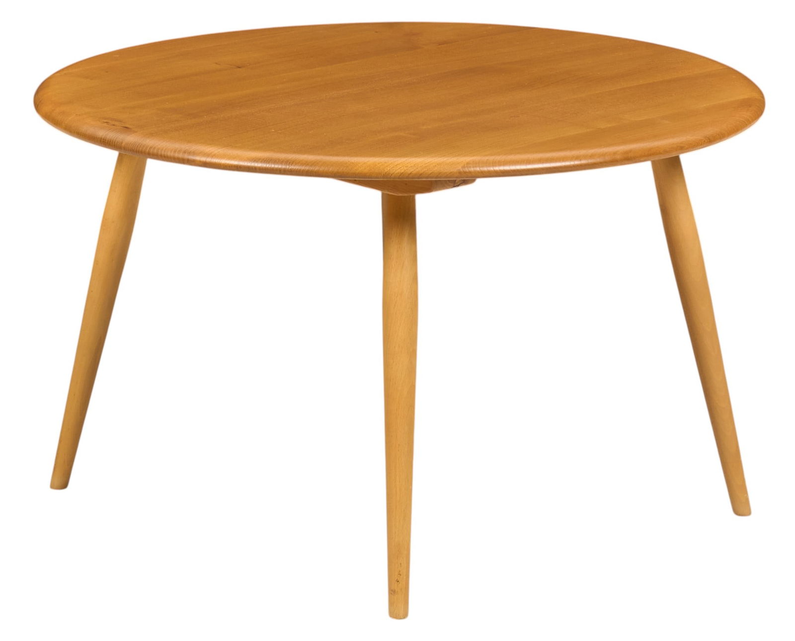 Ercol English Mid-Century Occasional Table: Ercol (England) mid-century elm wood occasional table with circular top, supported on splayed pin legs, marked with Ercol sticker, circa 1950s-1960sheight 18 in. x diameter 29.5 in. Provenance:
