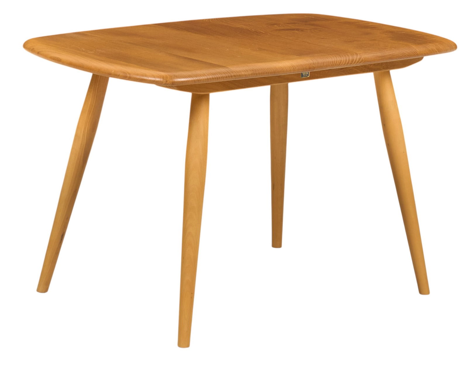 Ercol English Mid-Century Occasional Table: Ercol (England) mid-century elm wood occasional table with rectangular top, supported on splayed pin legs, marked with Ercol sticker, circa 1950s-1960sheight 15 in. x width 61.25 in. x depth 18