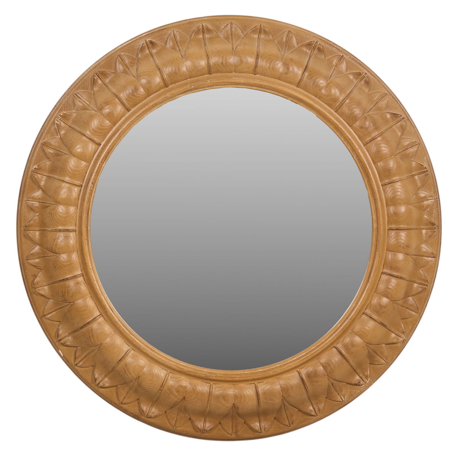 Drexel Heritage Round Wooden Mirror: Drexel Heritage round wooden mirror with a leaf motif border, marked on the reverse.height 46 in. x width 46 in. x depth 4 in.Provenance: Property from a home in San Antonio, Texas