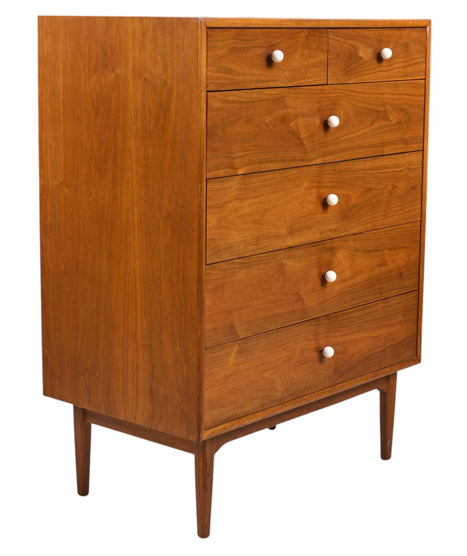 Drexel Mid-Century Dresser: Drexel mid-century dresser with six drawers, and walnut veneer, supported on pin legs, with burned Drexel mark, dated May 1961height 46 in. x width 34 in. x depth 21 in. Provenance: