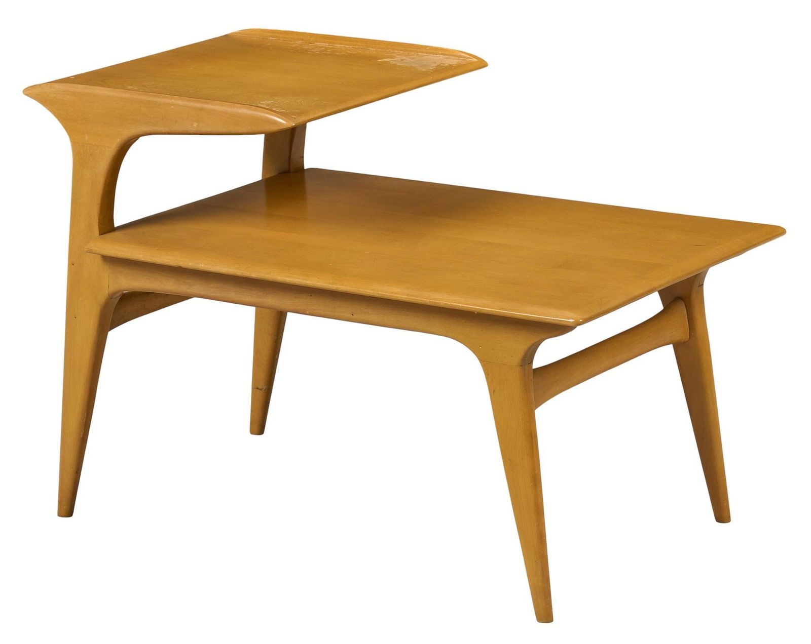 Heywood Wakefield Two-Tier End Table: Mid-century Heywood-Wakefield two-tier side step end table, supported on splayed pin legs, marked underneath, also stamped with model "M1584 G" and "Wheat", circa