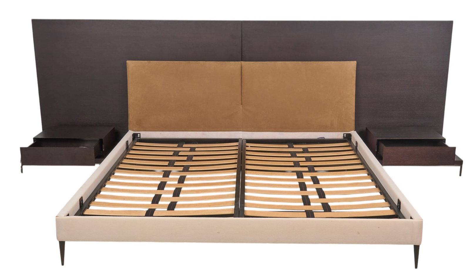 B&B Italia King Bed Frame: B&B Italia Maxalto Apta bed frame designed by Antonio Citterio, includes headboard with built-in side tables, marked by makerheight 50.5 in. x width 150 in. x depth 86 in.Interior: 77 in. x