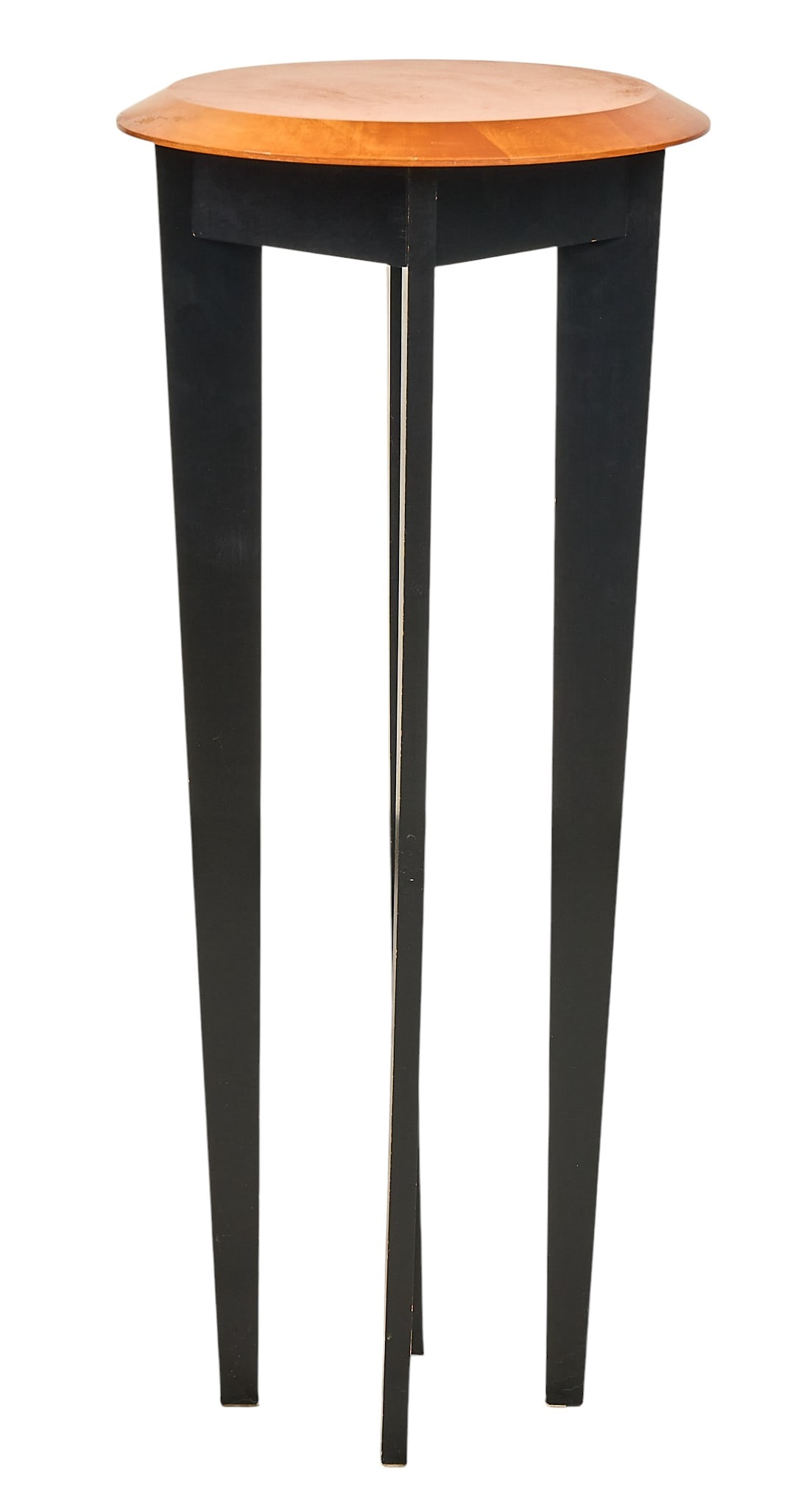 Modern Plant Stand: Modern plant stand with a round, light-colored wood top and three tapered black legsheight 37 in. x width 16 in. x depth 16 in.Provenance: Property from a home in San Antonio, Texas