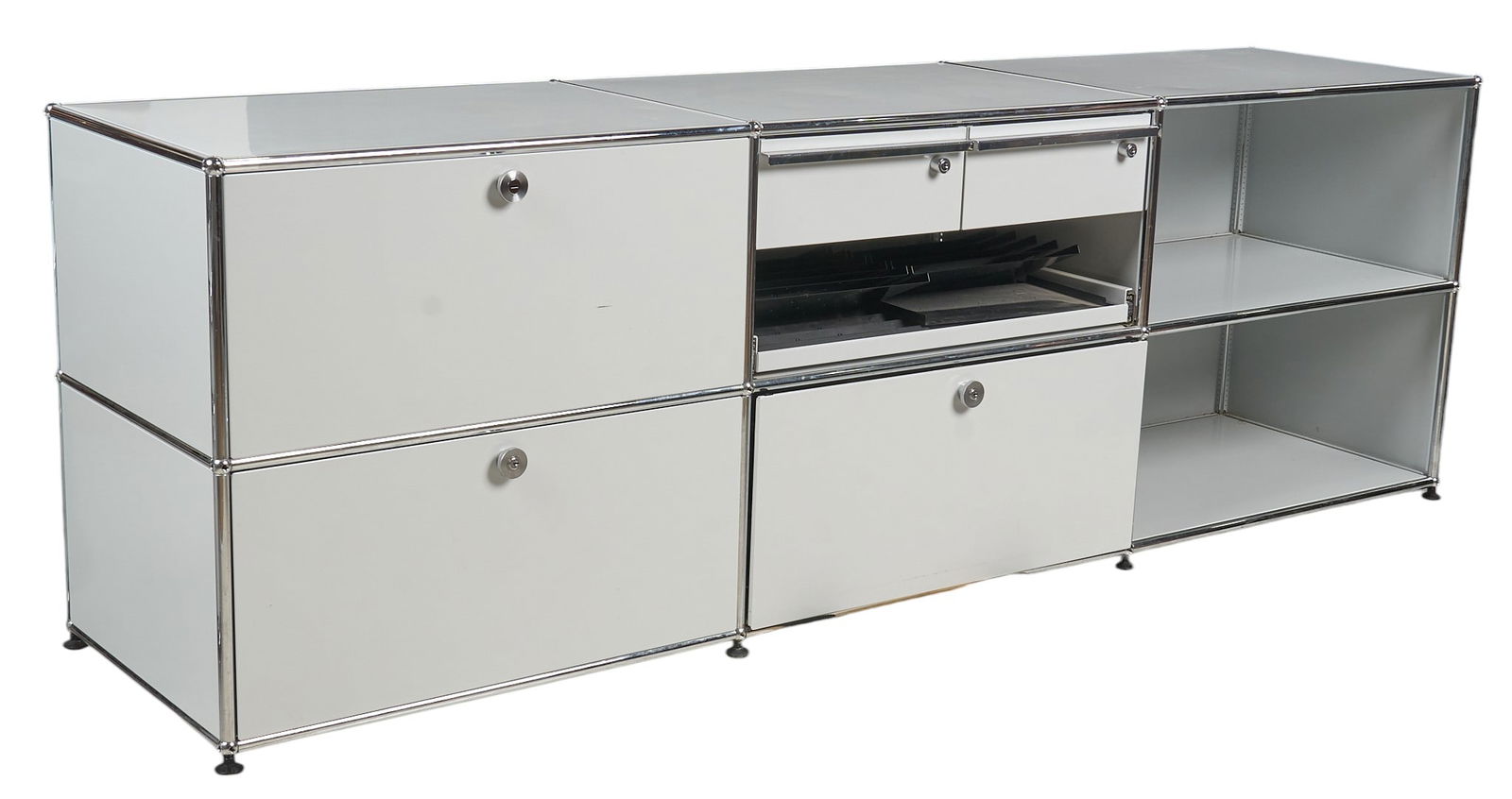 USM Haller Sideboard: Haller sideboard by Fritz Haller for USM Modular, featuring modular steel construction with a drop-down door, sliding drawers, and open shelving, includes keysheight 30 in. x width 90 in. x