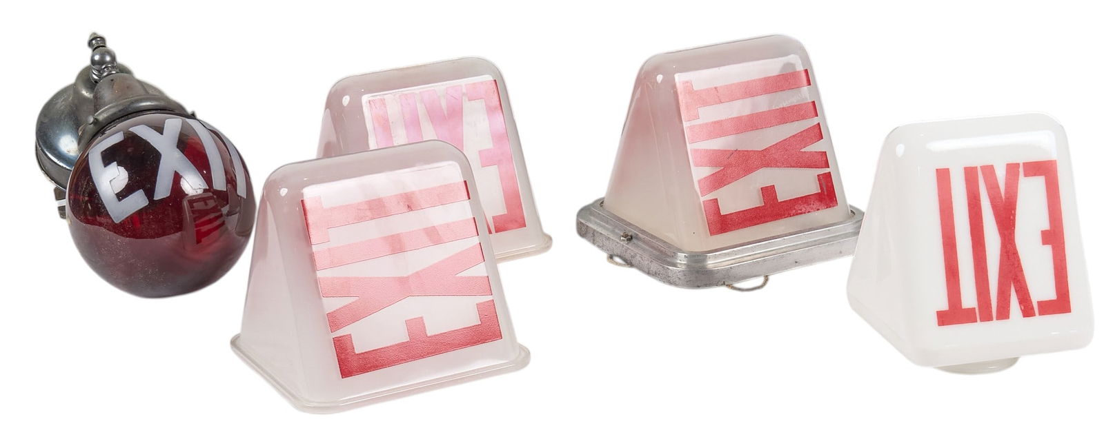 (5) Vintage Glass Exit Signs: Collection of five vintage glass exit signs, includes one red glass globe style and four white glass signsheight 6.5 in. x width 8.5 in. x depth 8 in. Provenance: Property from a San Antonio,