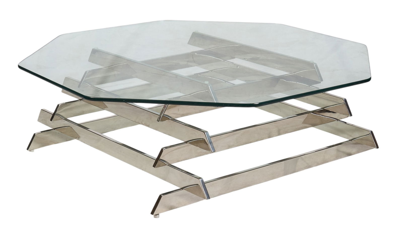 After Paul Mayen, Chrome & Glass Octagonal Coffee Table - 4