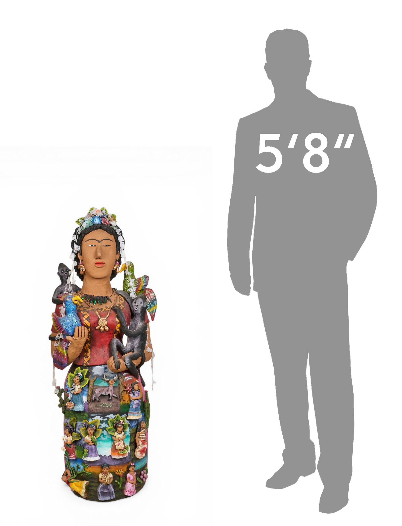 Josefina Aguilar, Frida Kahlo: Josefine Aguilar (b. 1954, Oaxaca) hand-made and painted ceramic sculpture depicting Frida Kahlo, signed on back height 44 in. x width 17 in. x depth 15 in. Provenance: The Estate collection of late t