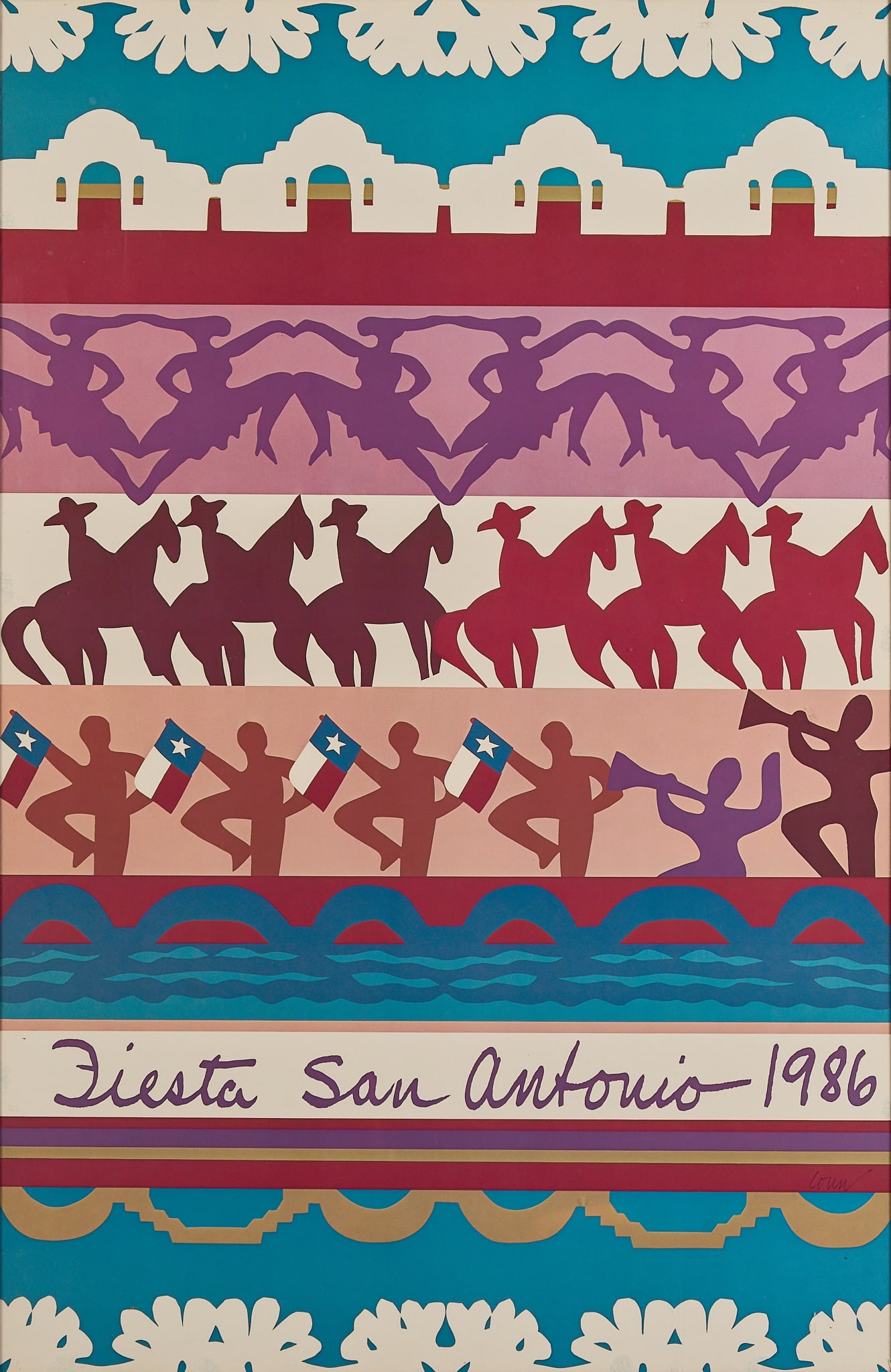Fiesta Poster, 1986: Framed San Antonio Fiesta poster, 1986, signed by the artist (Richard Conn) at lower right frame: 28 x 18.5 x 1 in. Provenance: Property from a home in San Antonio, Texas 