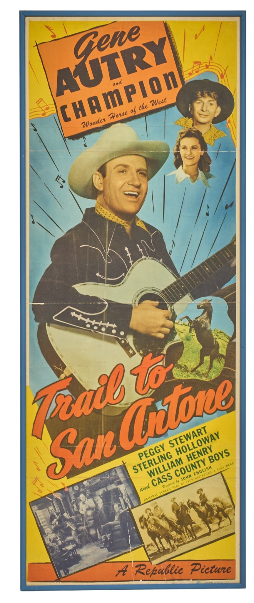"Trail to San Antone" Framed Poster: "Trail to San Antone" vintage movie poster circa 1947, featuring Gene Autry frame: 36 x 14 x 1 in. Provenance: Property from a home in San Antonio, Texas
