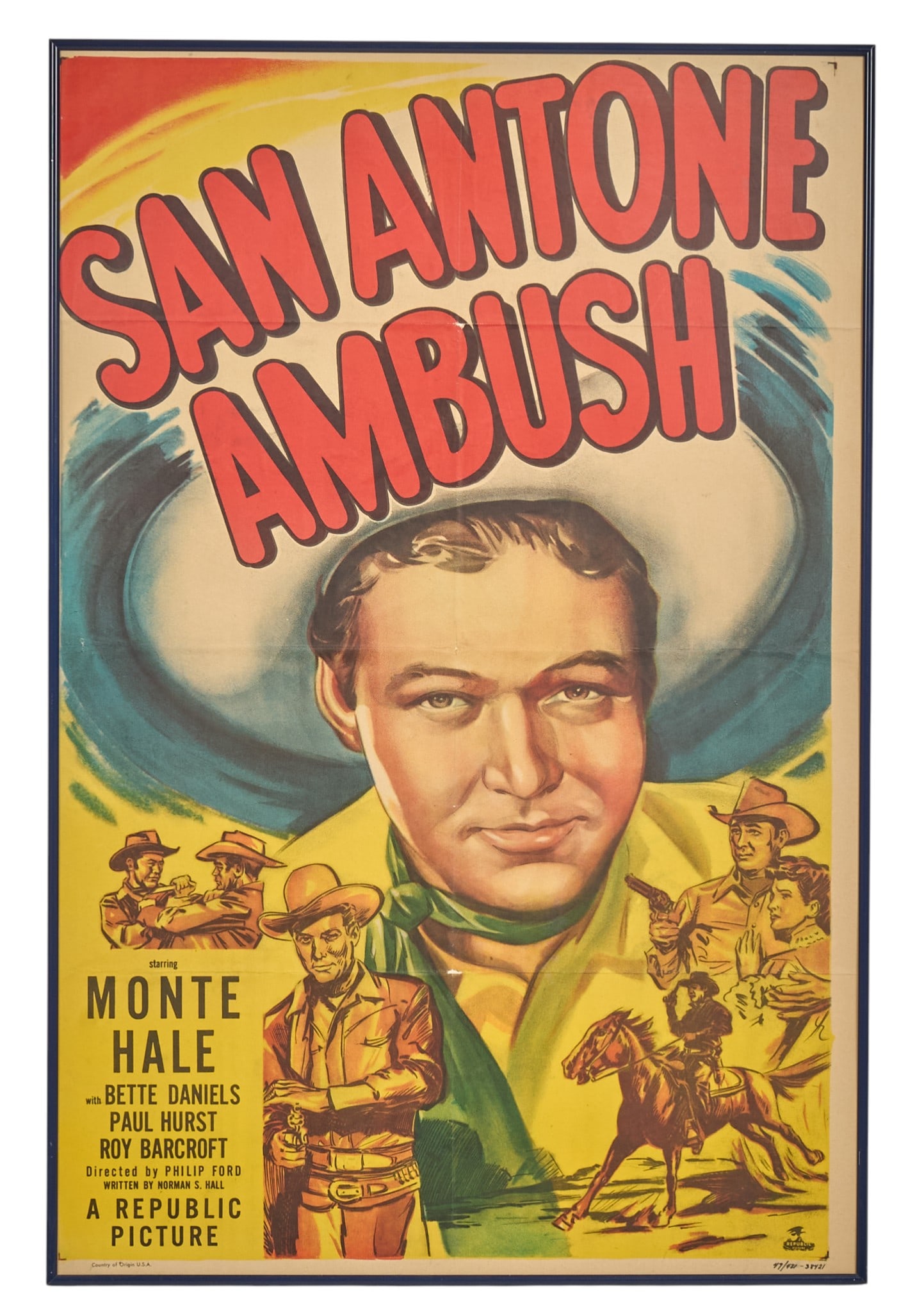 "San Antone Ambush" Framed Poster: "San Antone Ambush" vintage movie poster circa 1949, starring Monte Hale frame: 40 x 28 x 1 in. Provenance: Property from a home in San Antonio, Texas