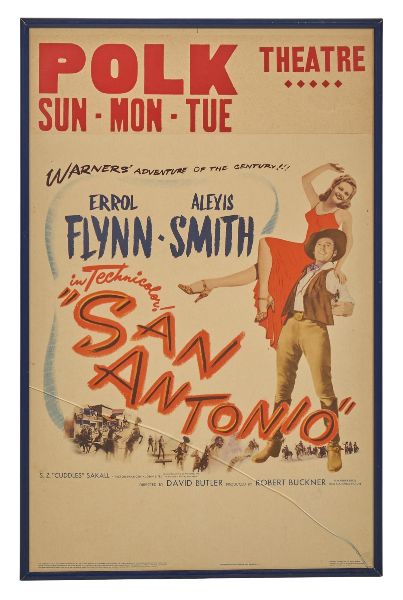 Polk Theatre "San Antonio" Poster: "San Antonio" vintage movie poster circa 1945, starring Errol Flynn and Alexis Smith, showtimes at the Polk Theatre (historic theater in Lakeland, Florida; built in 1928) frame: 23 x 15