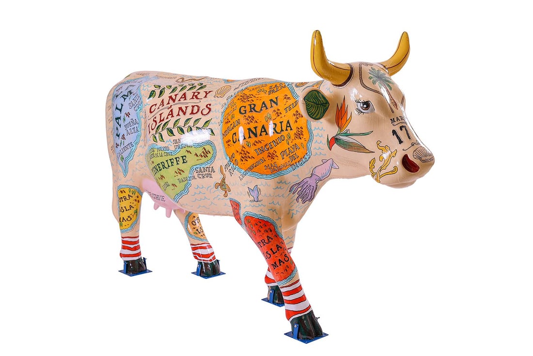 Gary Sweeney, Canary Islands Cow: Gary Sweeney, "Canary Islands Cow", full-size fiberglass cow, created as part of CowParade San Antonio 2025 and publicly displayed at the Briscoe Western Art Museum, hand-painted design port