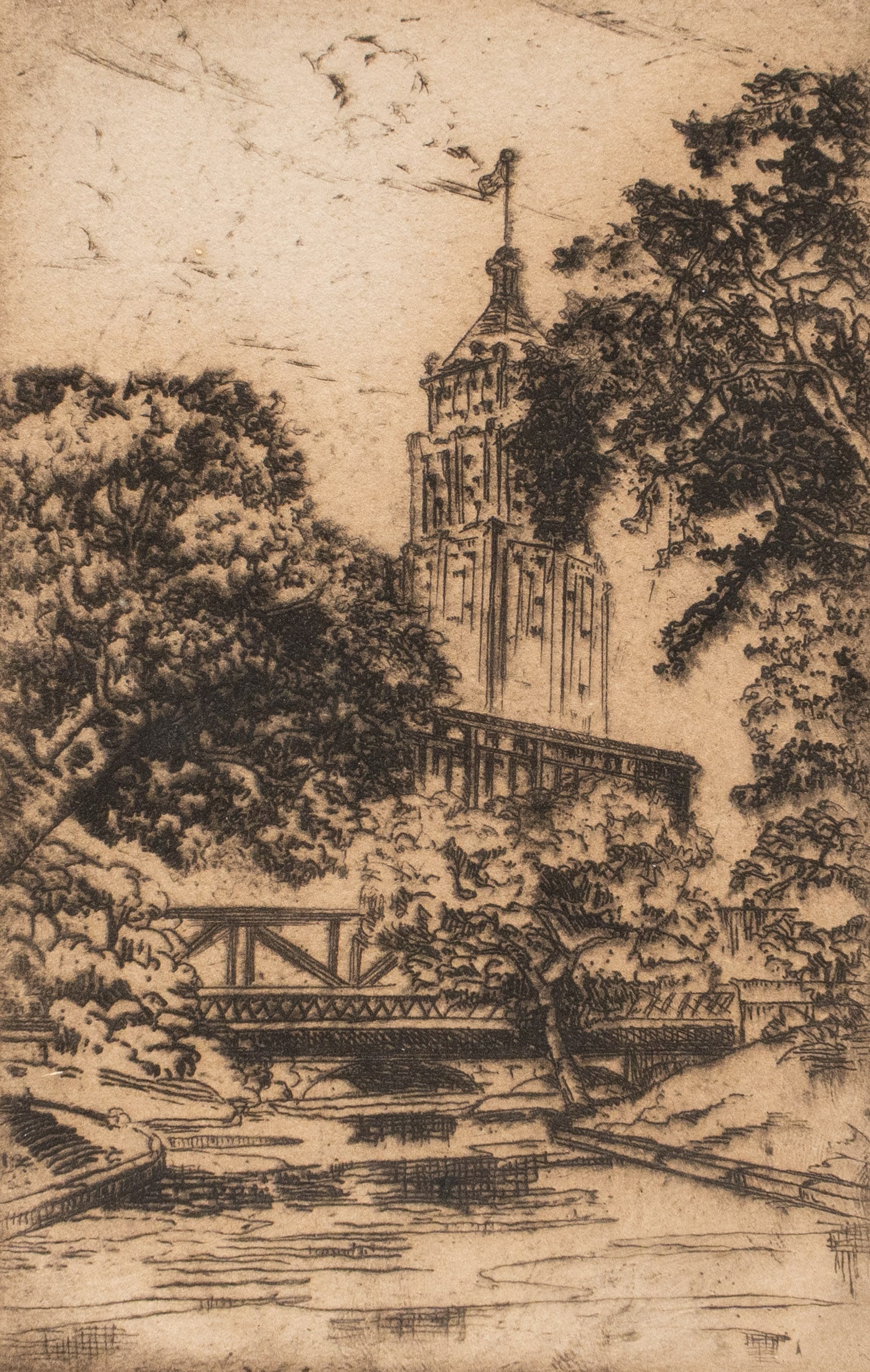 Clare Duer, San Antonio Etching: Clare Duer (San Antonio, Texas, 20th C.), "Smith-Young Tower, San Antonio", studio etching on paper, captioned and signed in the margin, with handwritten note from Mary K. Taylor affixed to