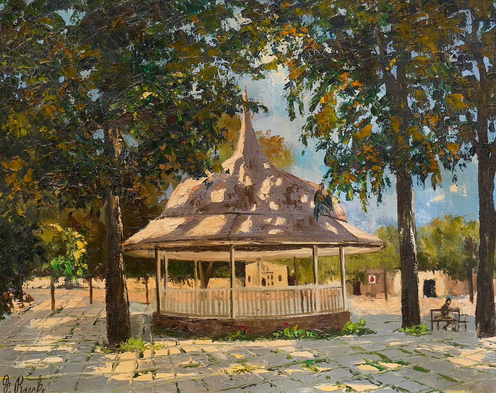 Florent Baecke, Alamo Plaza Bandstand: Florent P. Baecke (Texas, 1922-2016), view of the historic bandstand on Alamo Plaza, with view of the Alamo behind it, oil on canvas, signed lower left sight: 16 x 20 in., frame: 25 x 29 in. Prov