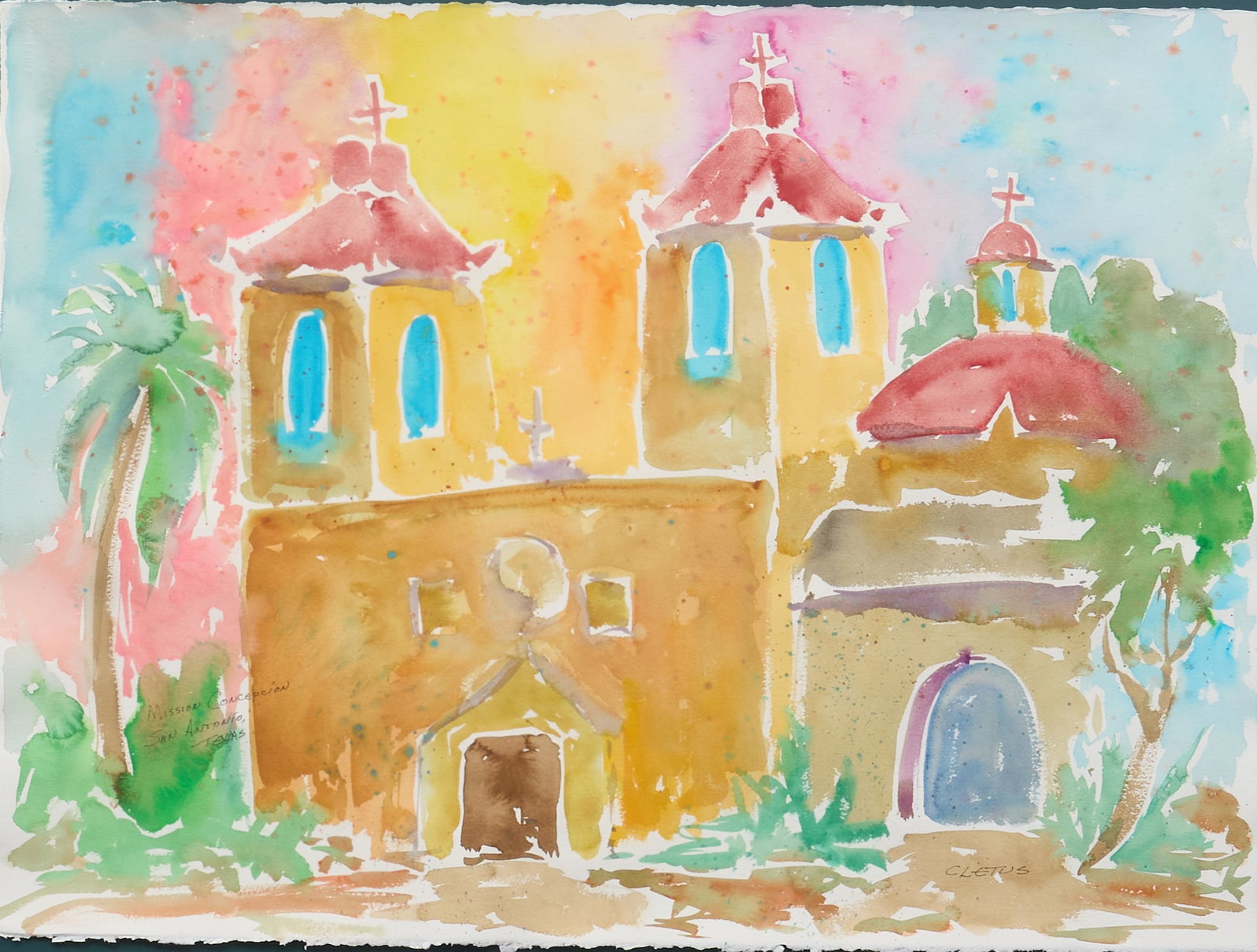Brother Cletus Behlmann, Mission Concepcion: Brother Cletus Behlmann (San Antonio, Texas, 1933-2016), Mission Concepcion, watercolor on watercolor paper, titled lower left, signed lower right sight: 22.5 x 30.5 in., frame: 32 x 40 in.