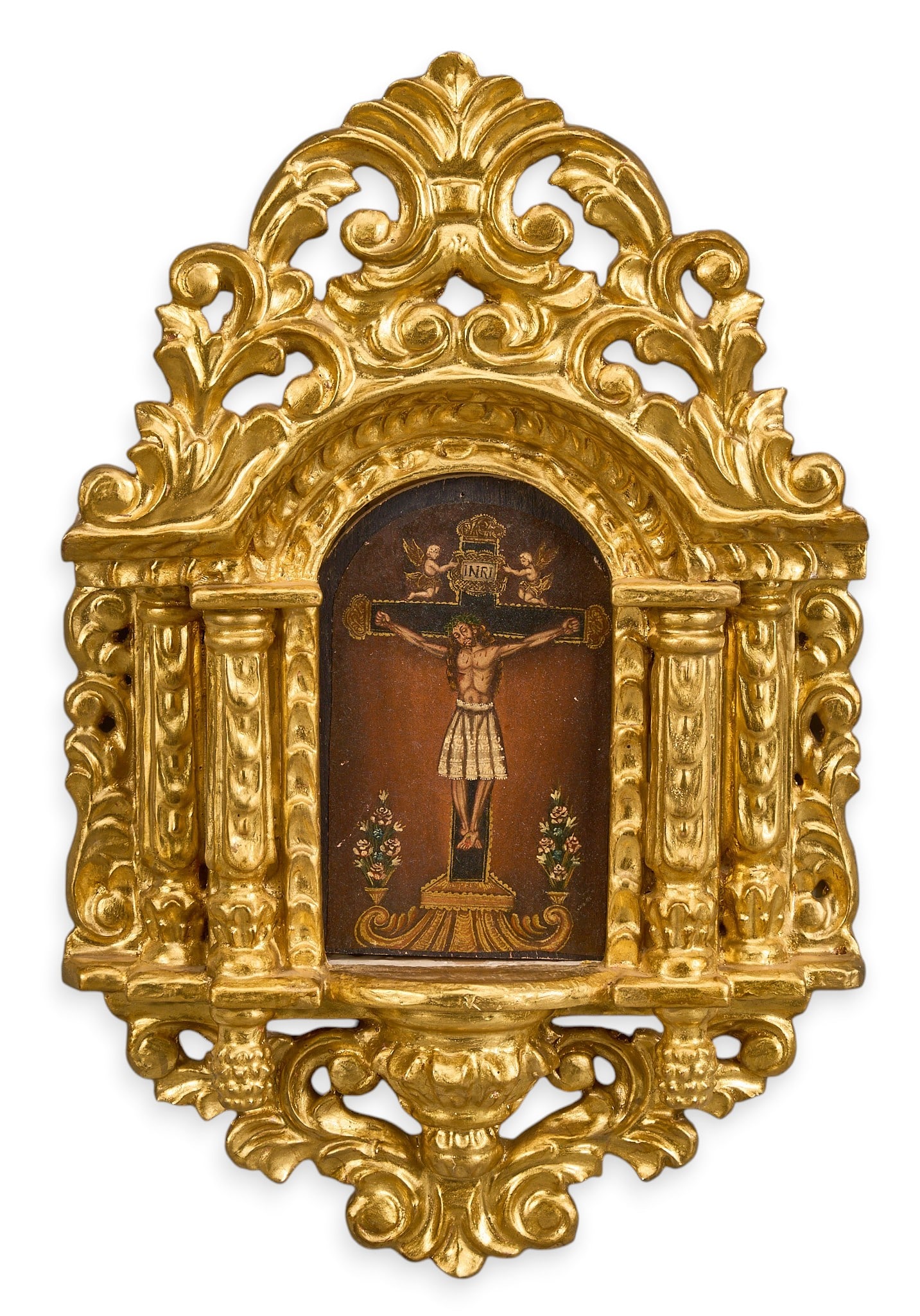 Framed Mexican Retablo, Crucified Christ: Framed Mexican retablo, depicting crucified Christ, oil on board, housed in ornate gilt frame with pierced details, circa 20th century height 15.25 in. x width 10 in. x depth 2.25 in. Provenance: The