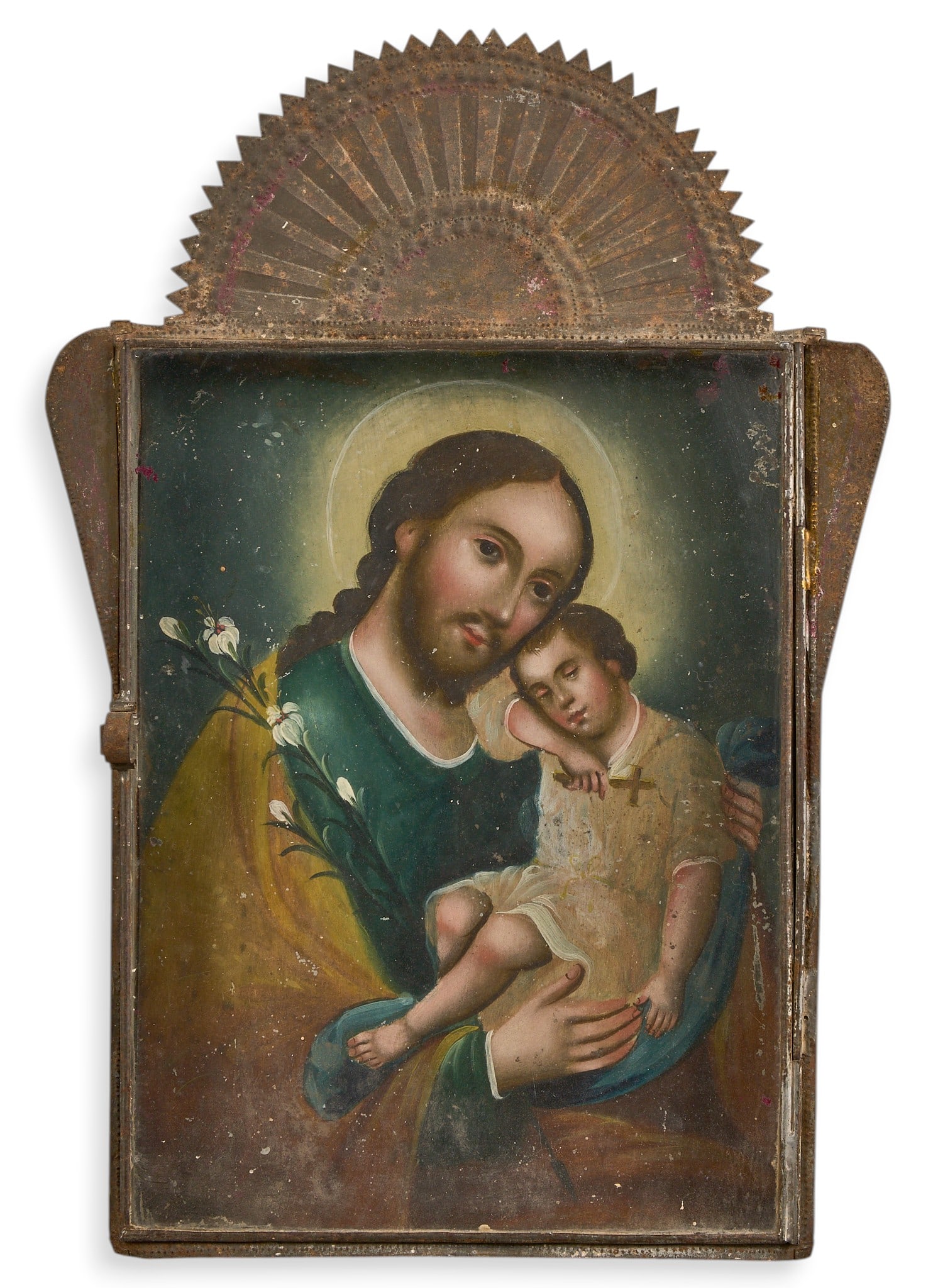 Antique Mexican Retablo, San Jose Y El Nino: Antique mexican retablo depicting San Jose y El Nino (Saint Joseph and Christ Child), oil on tin, circa 19th century, housed in decorative metal frame height 17.5 in. x width 12 in. x depth