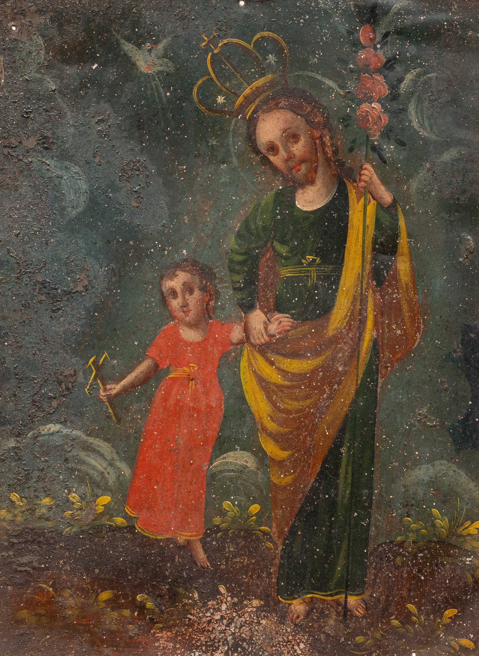 Antique Mexican Retablo, San José con el Niño Jesus (1 of 3)