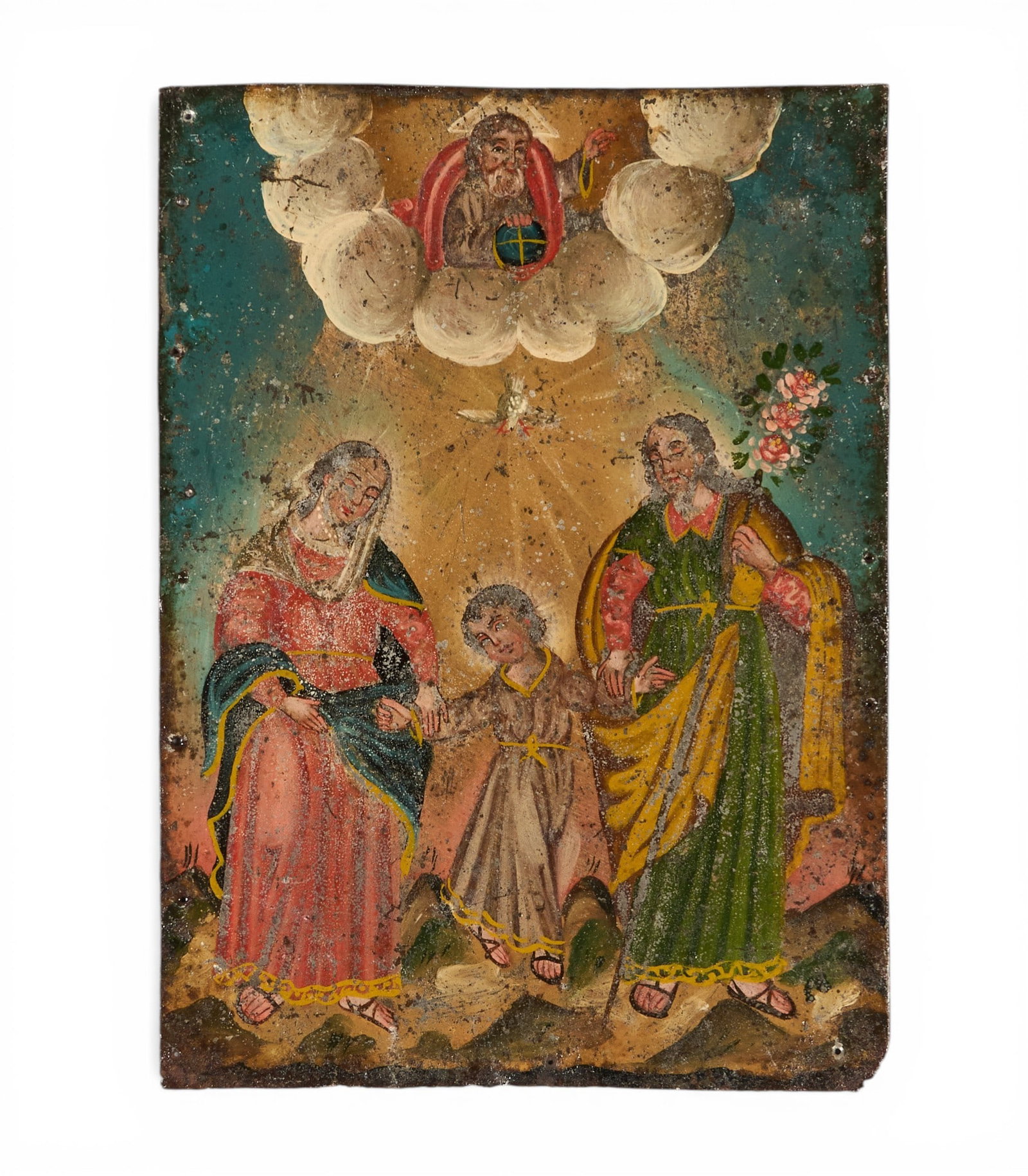 Antique Mexican Retablo, La Sagrada Familia: Antique Mexican retablo depicting La Sagrada Familia (The Holy Family), oil on tin, circa 19th century height 10 in. x width 7 in. Provenance: The Estate collection of late teacher an