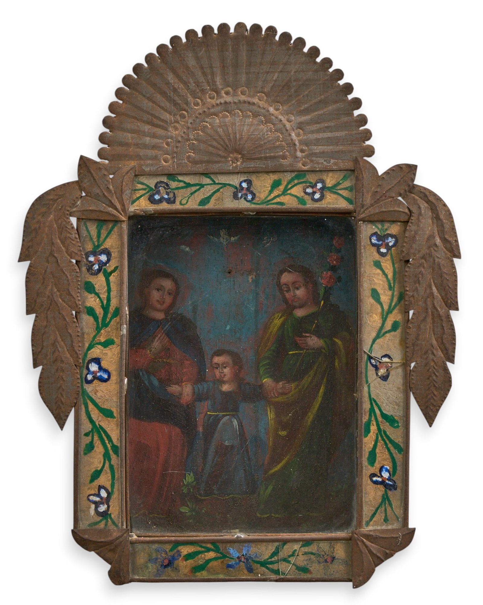 Antique Mexican Nicho, La Sagrada Familia: Antique Mexican nicho, depicting La Sagrada Familia (The Sacred Family), oil on tin, housed in metal frame, circa 19th century height 16 in. x width 12.5 in. x depth 2 in. Provenance: Property from a