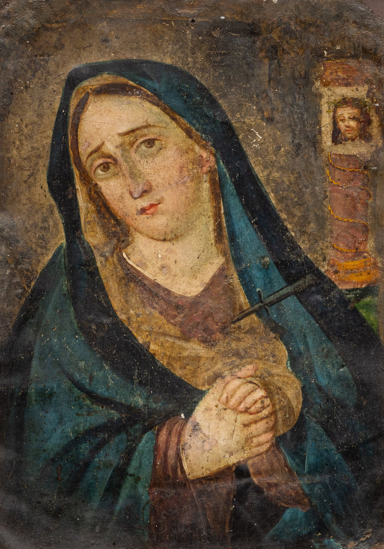 Mexican Retablo, La Mater Dolorosa: Mexican retablo, depicting La Mater Dolorosa (Our Lady of Sorrows), oil on tin, housed in gilt frame with foliate motifs, circa 20th century sight: 14 x 10 in., frame: 20 x 16 in. Provenance