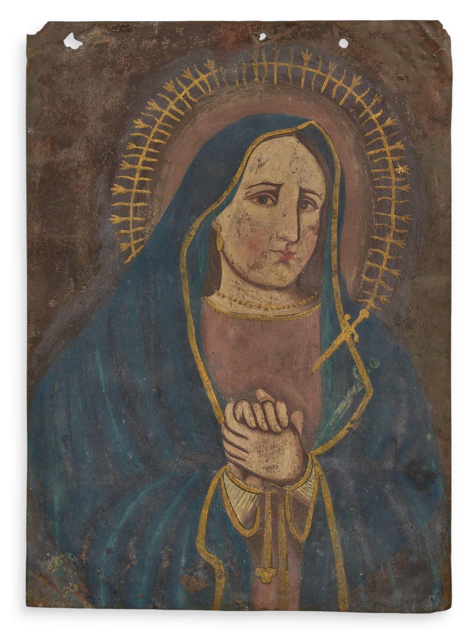 Antique Mexican Retablo, Nuestra Señora de los Dolores: Antique Mexican retablo, depicting Nuestra Señora de los Dolores (Our Lady of Sorrows), oil on tin, circa early 20th century height 14 in. x depth 10 in. Provenance: Property from a home i