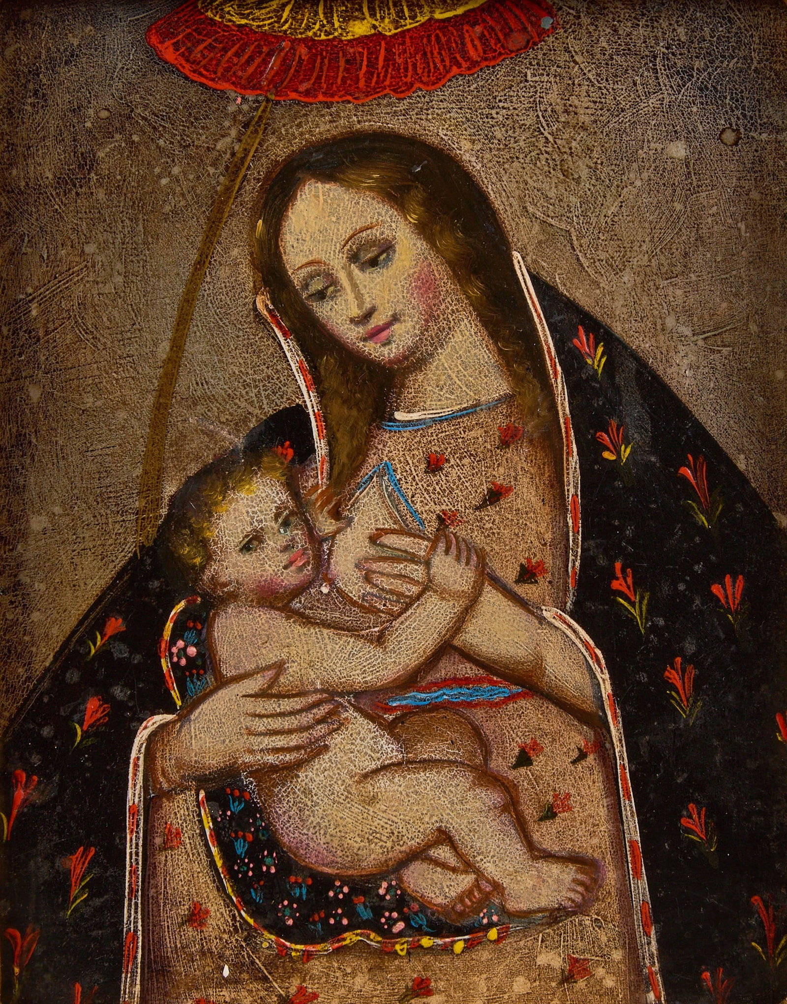Framed Mexican Retablo, Virgen de la Leche: Framed Mexican retablo depicting Virgen de la Leche (Nursing Madonna), oil on board, housed in textured gilt frame, circa 20th century height 14.5 in. x width 12.5 in. x depth 1.5 in. Provenance: