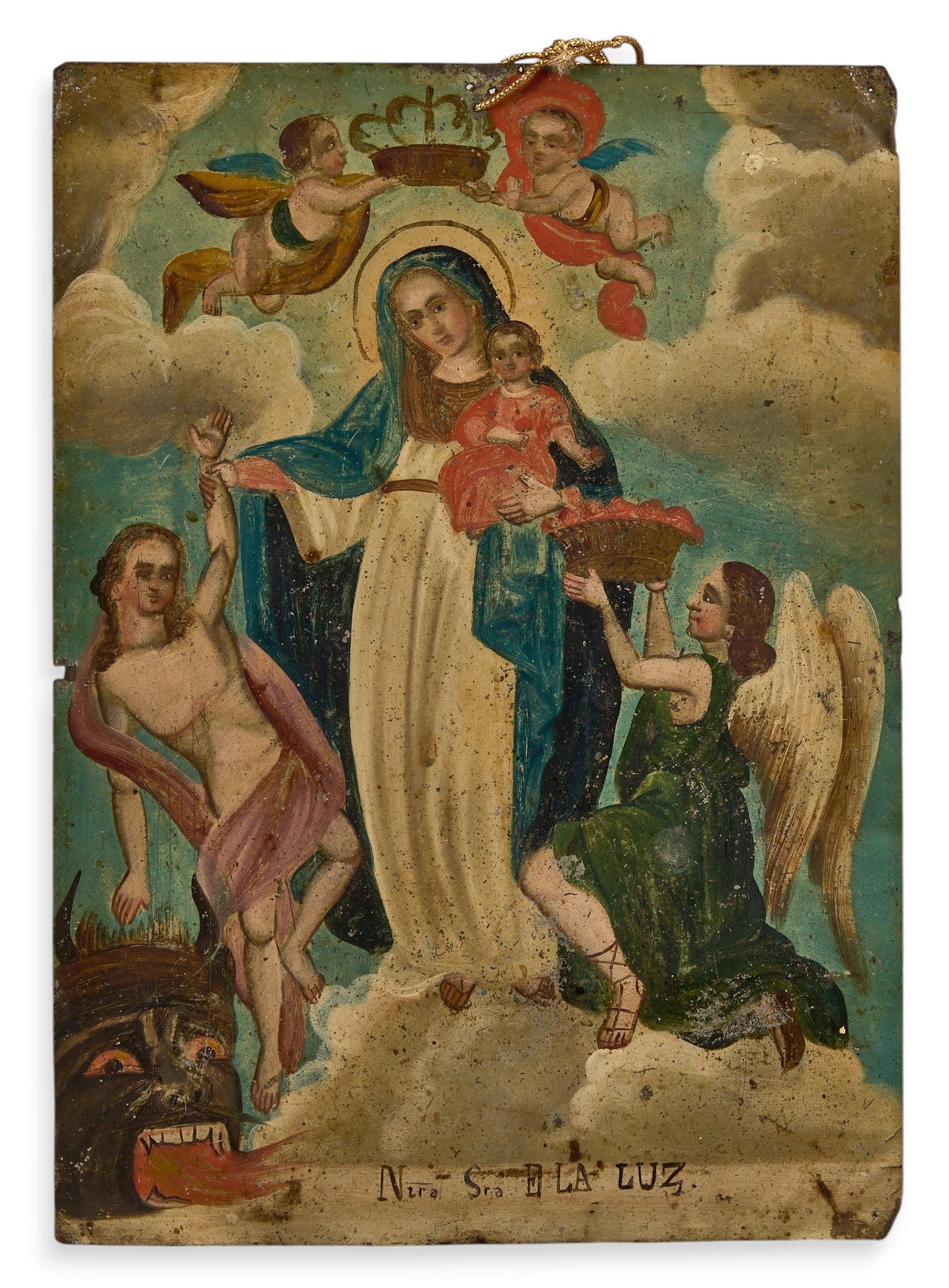 Antique Mexican Retablo, La Madre Santisima de la Luz: Antique Mexican retablo depicting La Madre Santisima de la Luz (The Most Holy Mother of Light), oil on tin, circa 19th century height 14 in. x width 10 in. Provenance: The Estate coll