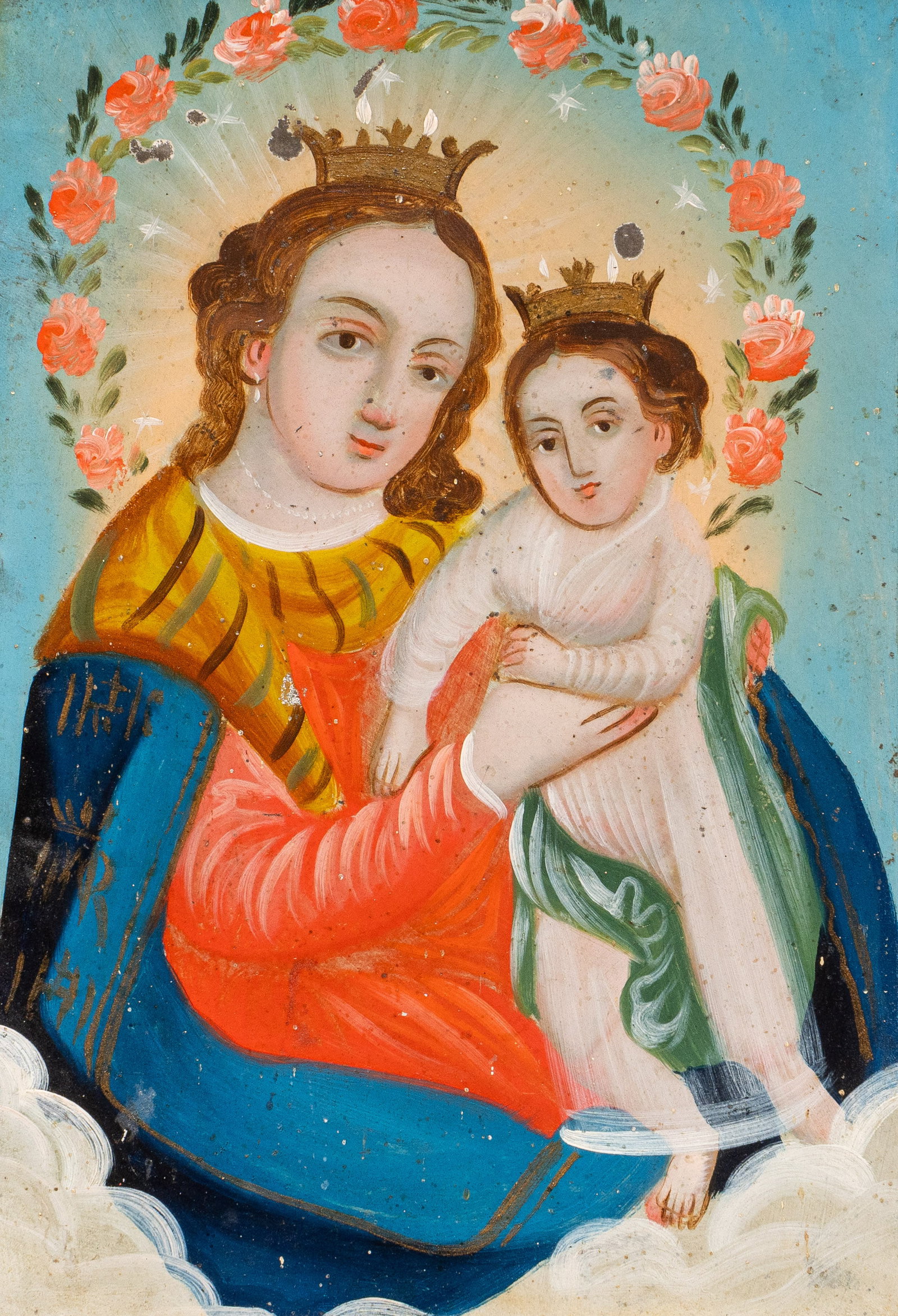 Mexican Retablo, Nuestra Señora del Refugio: Framed Mexican retablo, depicting Nuestra Señora del Refugio (Our Lady of Refuge), oil on tin, housed in gilt frame with foliate details, circa 20th century sight: 10 x 7 in., frame: 15 x