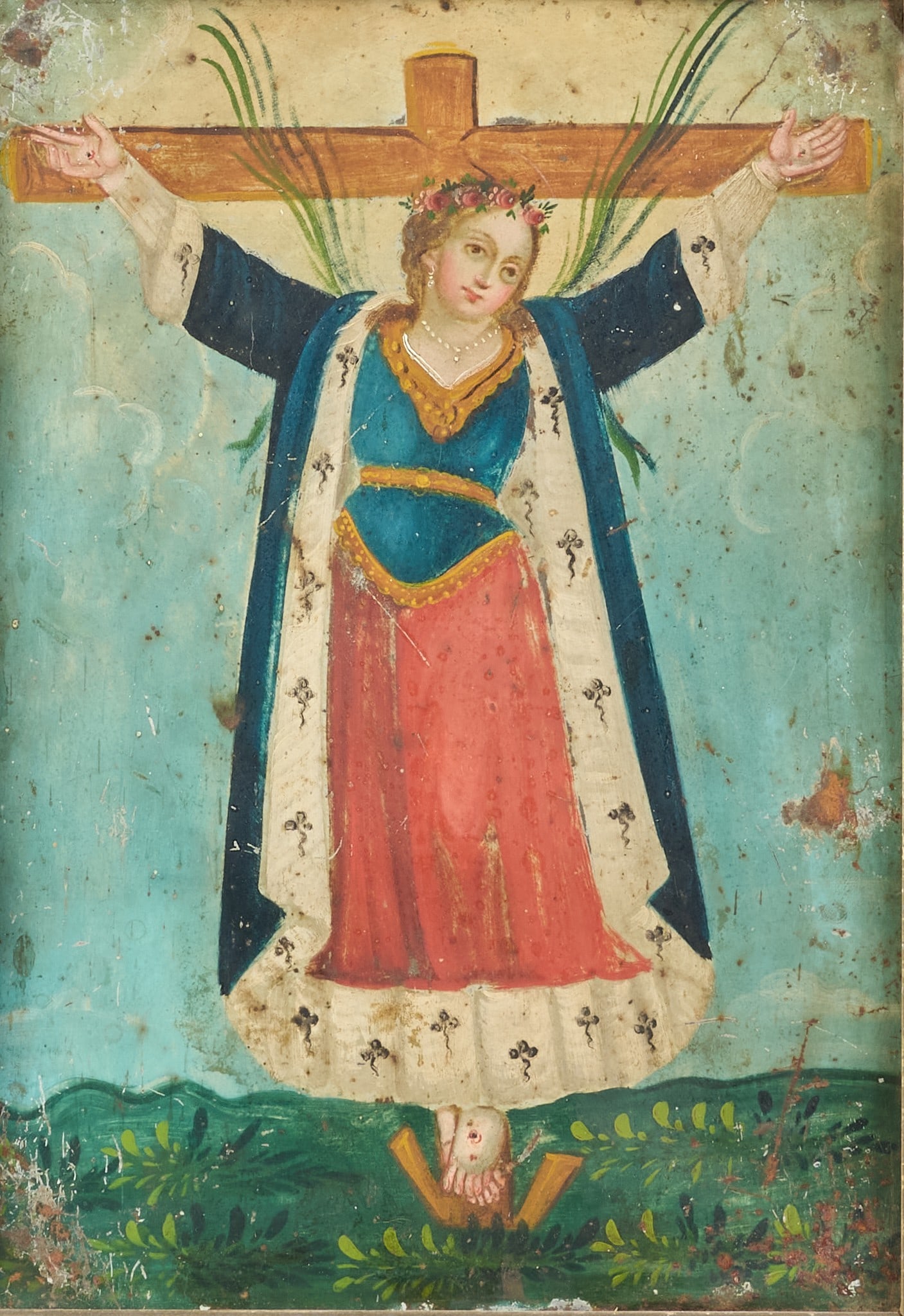 Copper Framed Antique Mexican Retablo, Santa Librata: Antique Mexican retablo depicting Santa Librata, oil on tin, circa 19th century, framed in tooled patinated copper with wooden backing height 22 in. x width 16 in. x depth 2 in. Provenance: