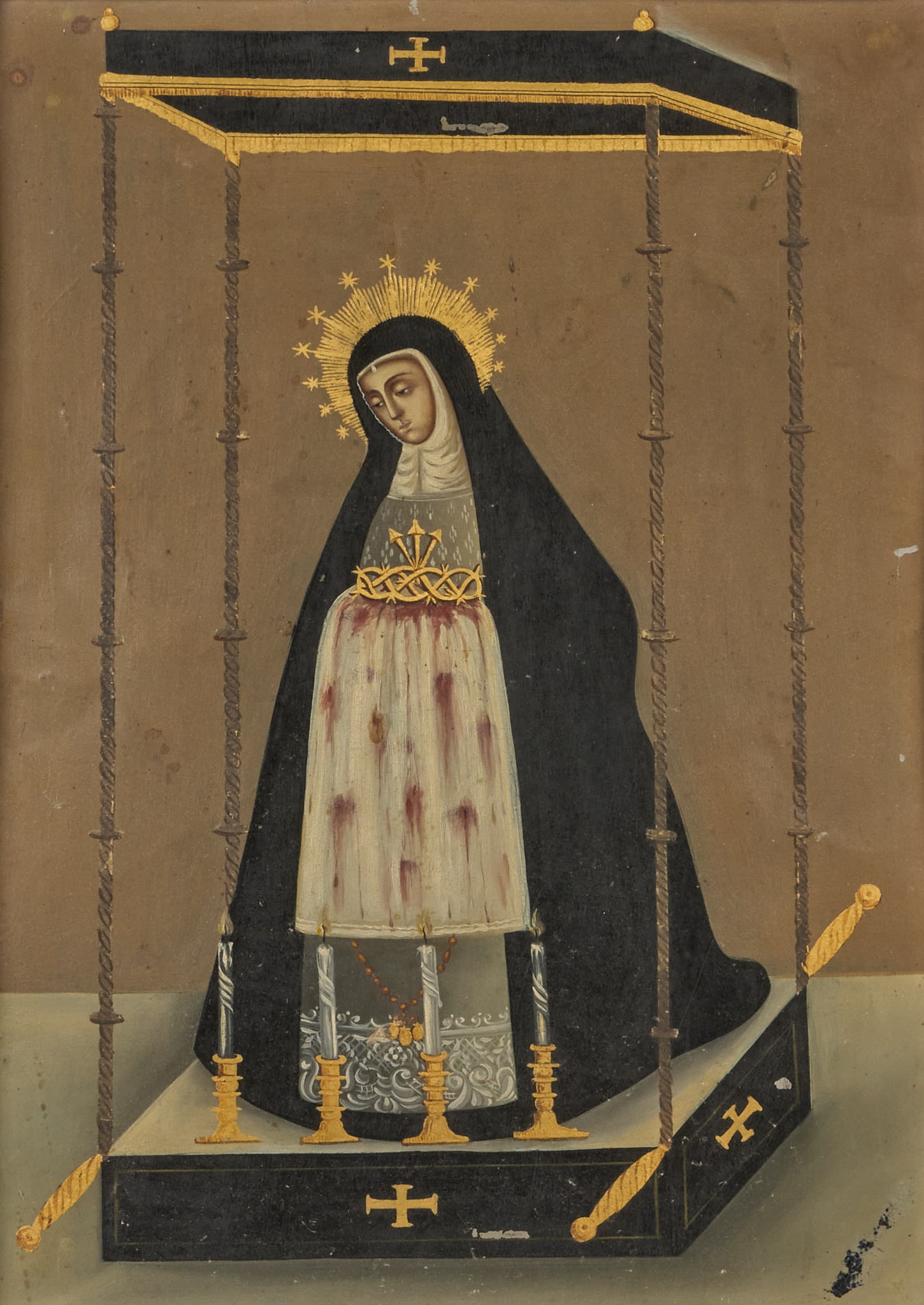 Framed Virgin of Solitude Retablo: Antique Spanish School retablo depicting Nuestra Senora de la Soledad (Our Lady of Solitude), oil on tin, circa 19th century, framed height 21 in. x width 16 in. x depth 1 in. / frame Provenance