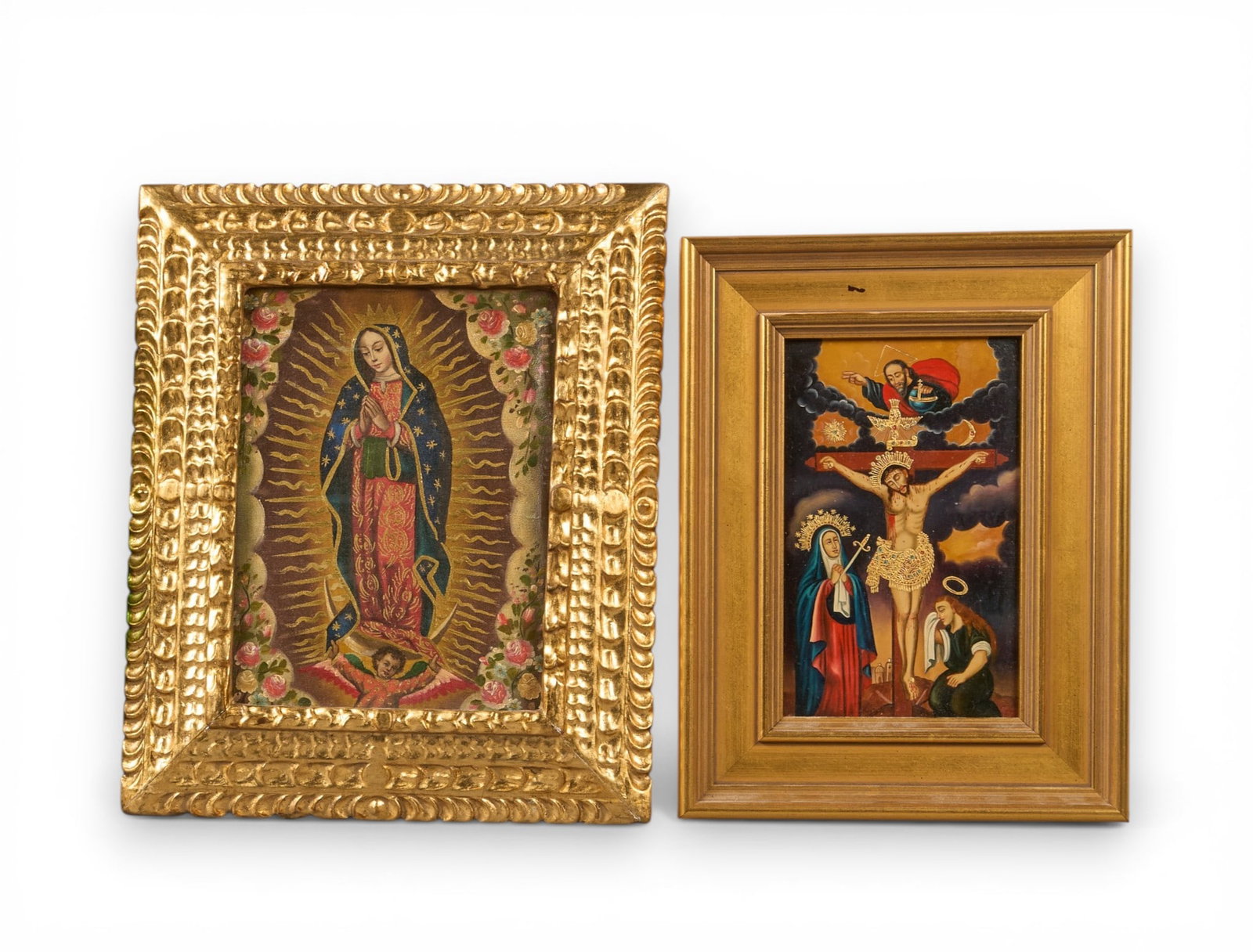 (2) Gilt Framed Retablos: (2) Gilt framed retablos; one depicting the Virgen de Guadalupe, the other a crucifixion scene framed by John Scott (Austin, Texas); both are oil on canvas frame: 13 x 11 x 2 in. / greater Proven