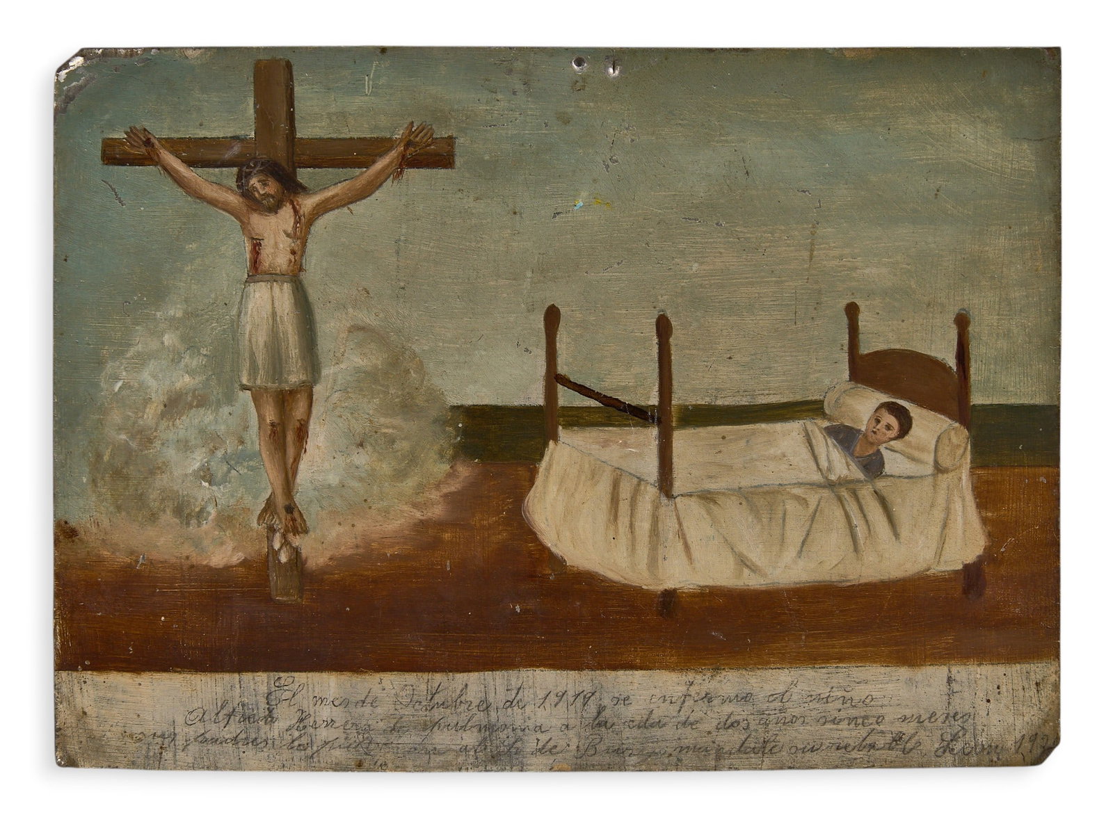 Antique Mexican Ex-Voto: Antique Mexican ex-voto created as prayer / gratitude for recovery from illness, oil on tin, circa 19th century height 7.5 in. x width 10 in. Provenance: The Estate collection of late teac