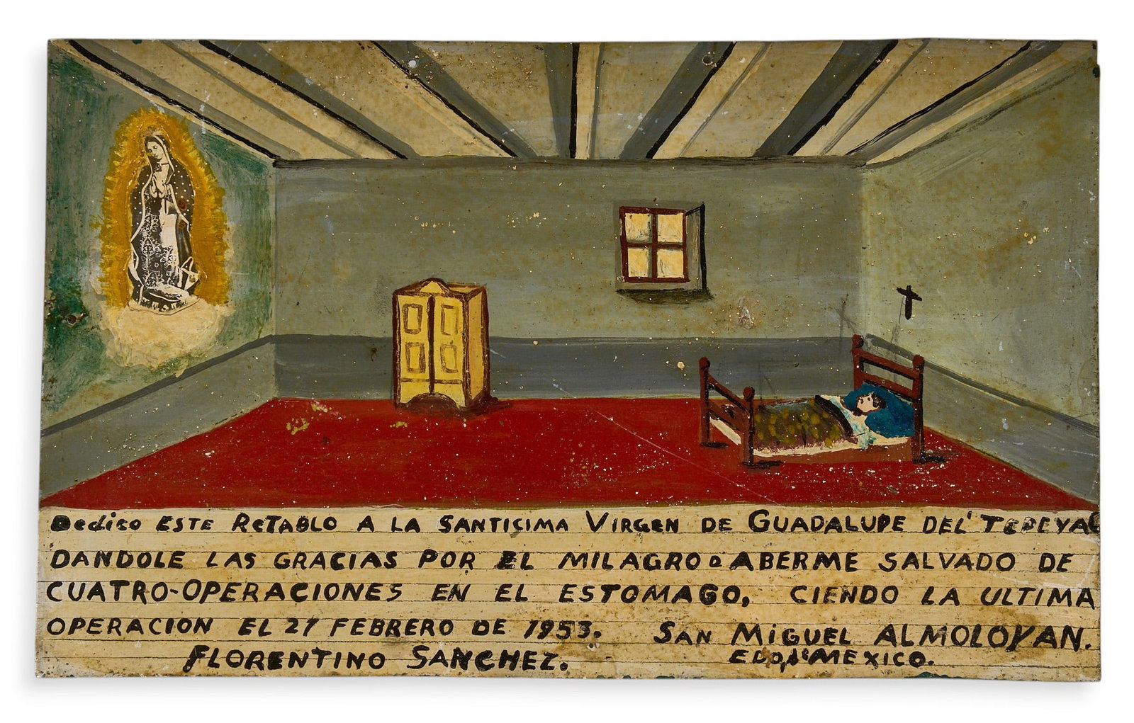 Vintage Mexican Ex-Voto: Vintage Mexican ex-voto depicting giving thanks for four successful operations, oil on tin, dated February 21, 1953 height 9 in. x width 15 in. Provenance: The Estate collection of late teacher