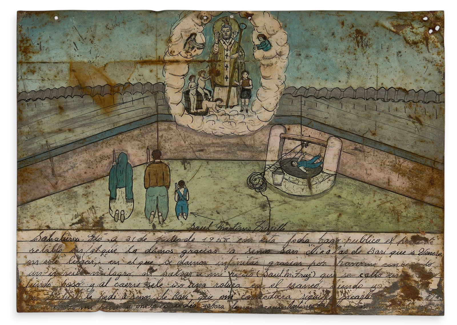 Vintage Mexican Ex-Voto: Vintage Mexican ex-voto depicting family giving thanks for saving a child who felt down a well, oil on tin, dated 1958 height 10.5 in. x width 14.5 in. Provenance: The Estate collection of